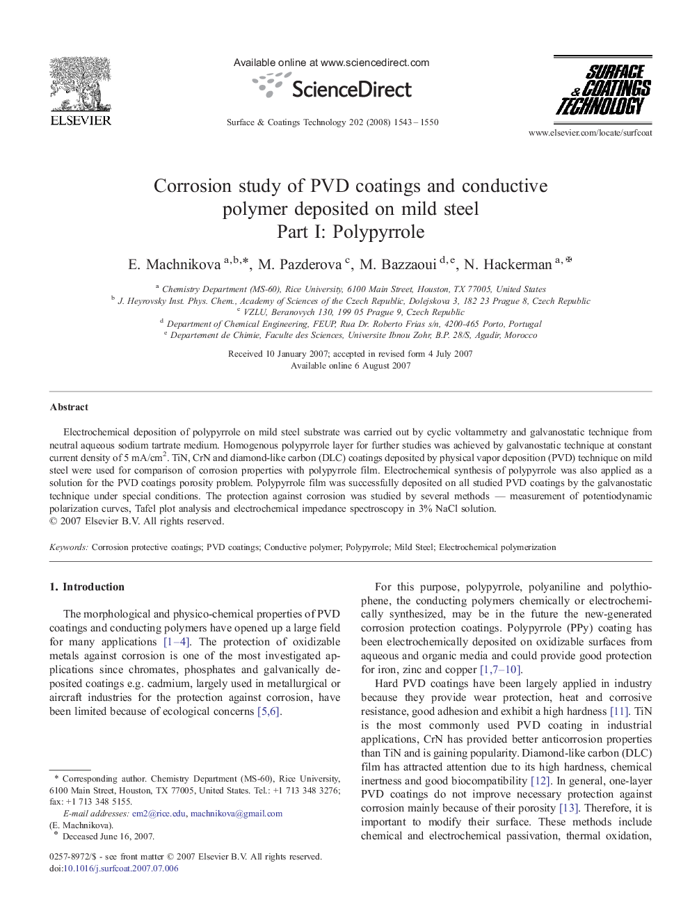 Corrosion study of PVD coatings and conductive polymer deposited on mild steel: Part I: Polypyrrole