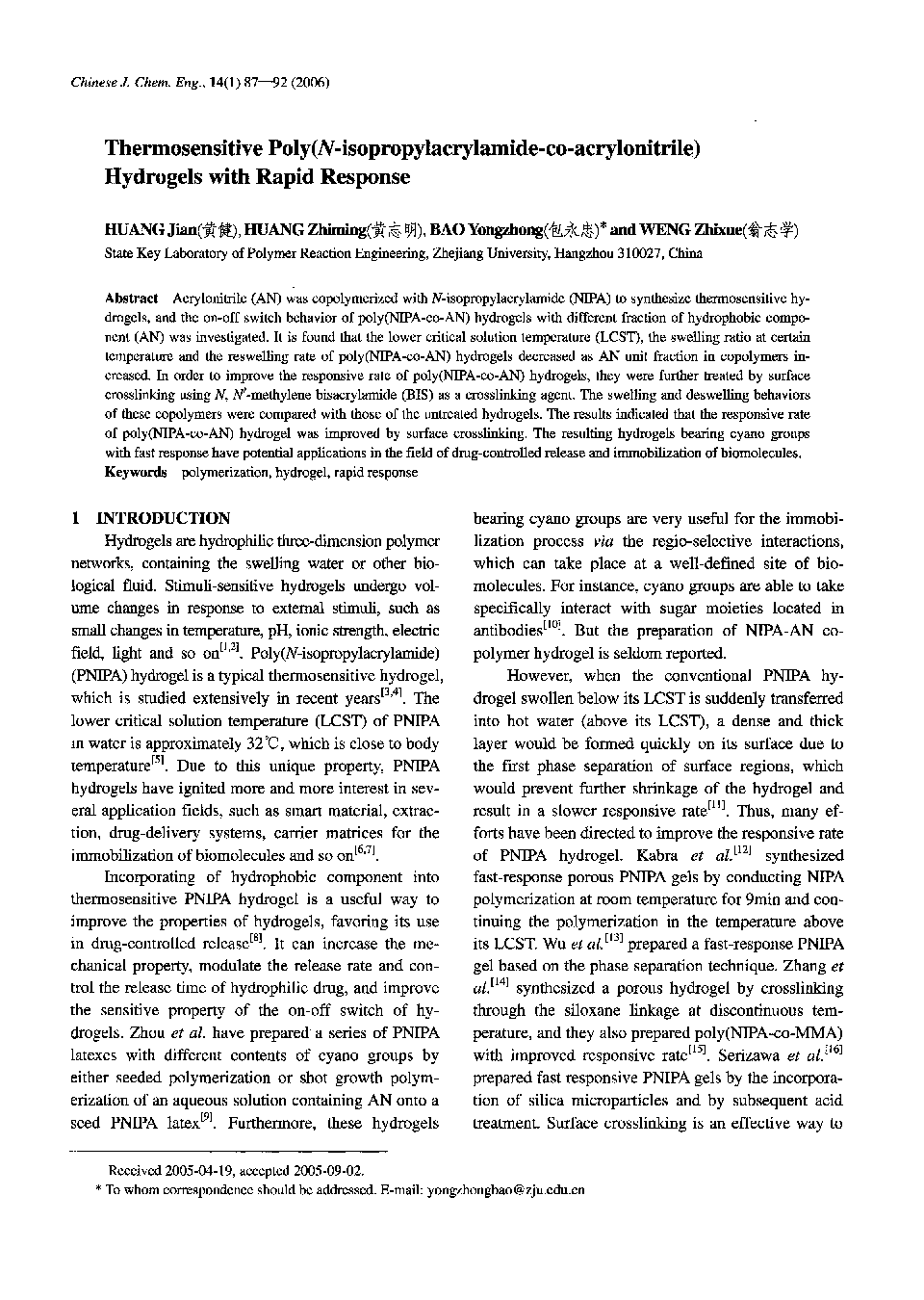 Thermosensitive Poly(N-isopropylacrylamide-co-acrylonitrile) Hydrogels with Rapid Response