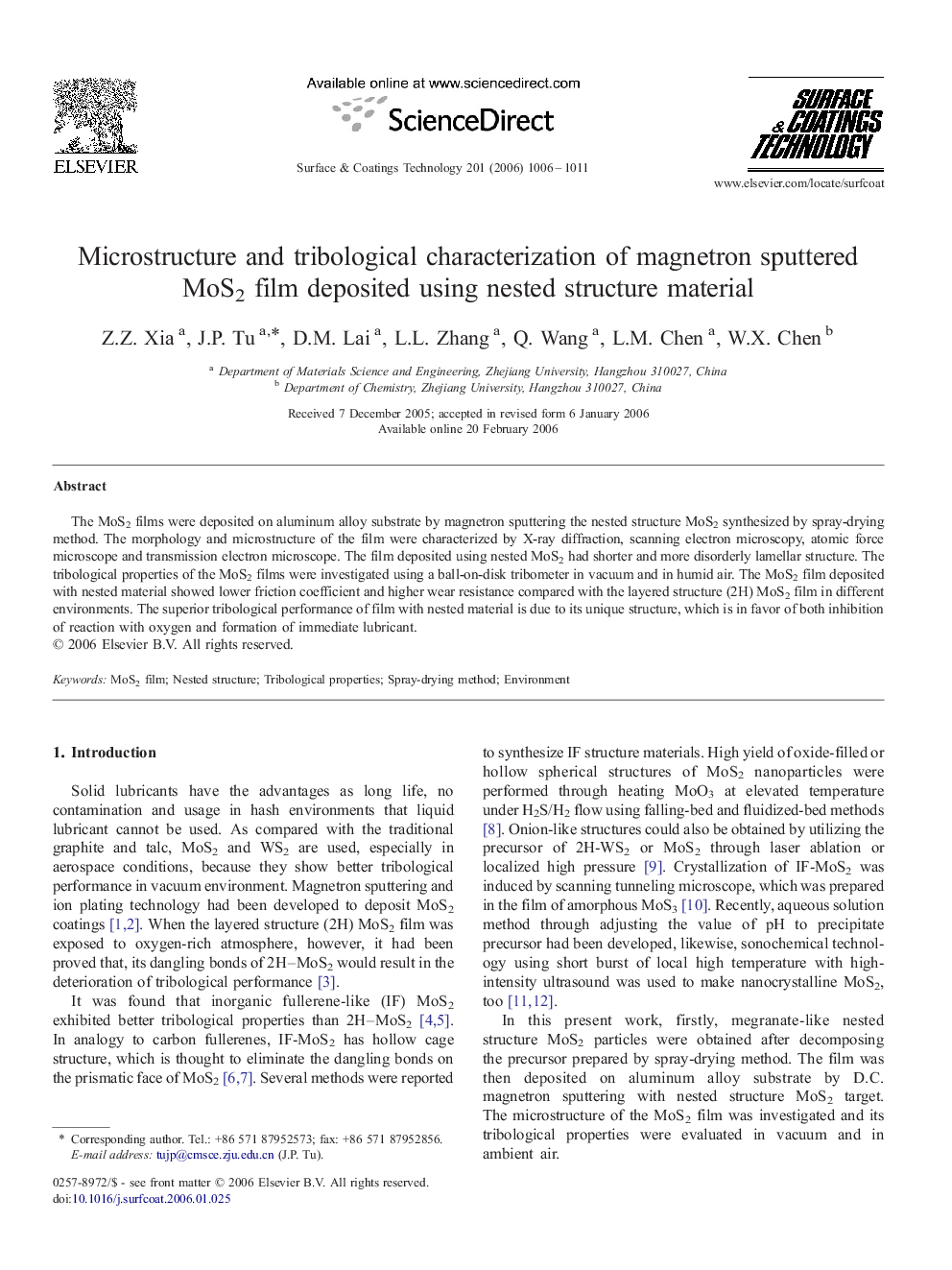 Microstructure and tribological characterization of magnetron sputtered MoS2 film deposited using nested structure material