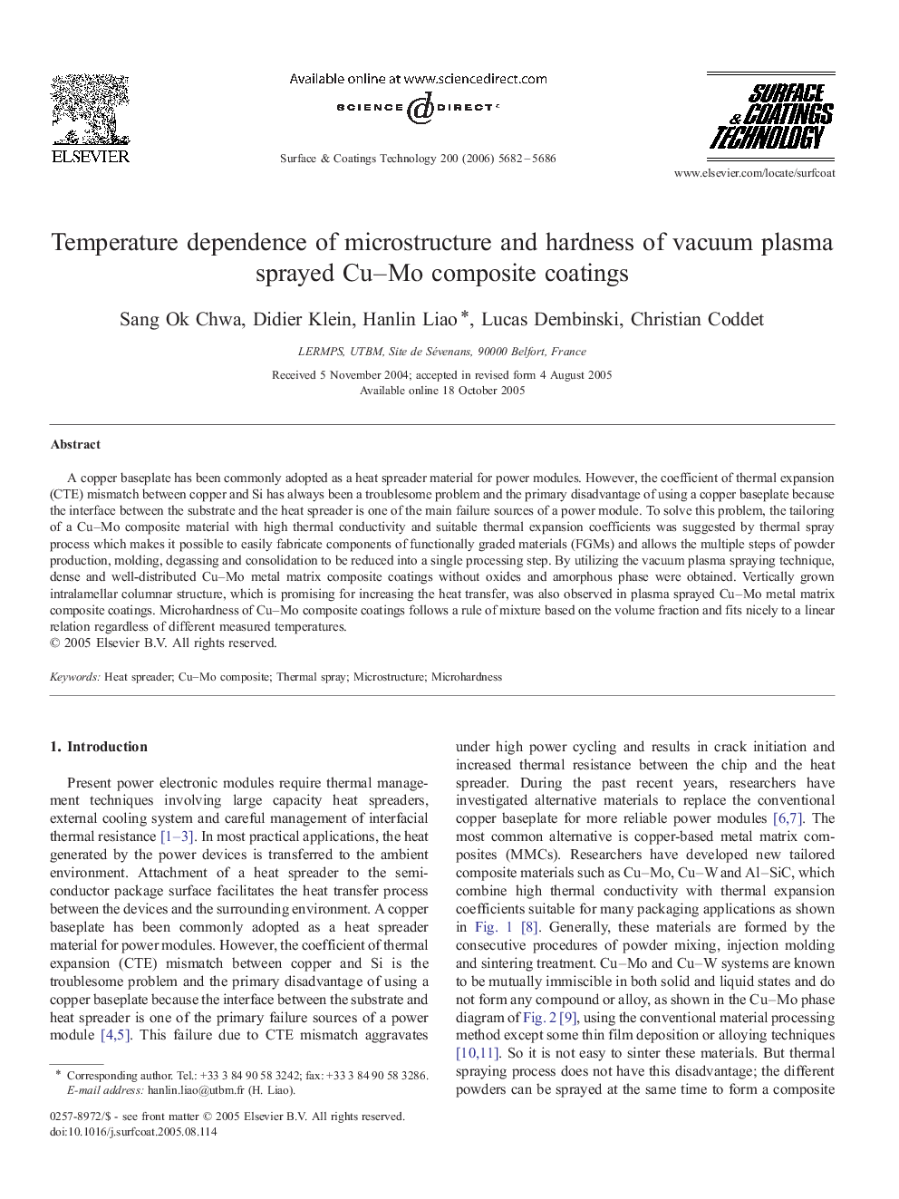 Temperature dependence of microstructure and hardness of vacuum plasma sprayed Cu-Mo composite coatings