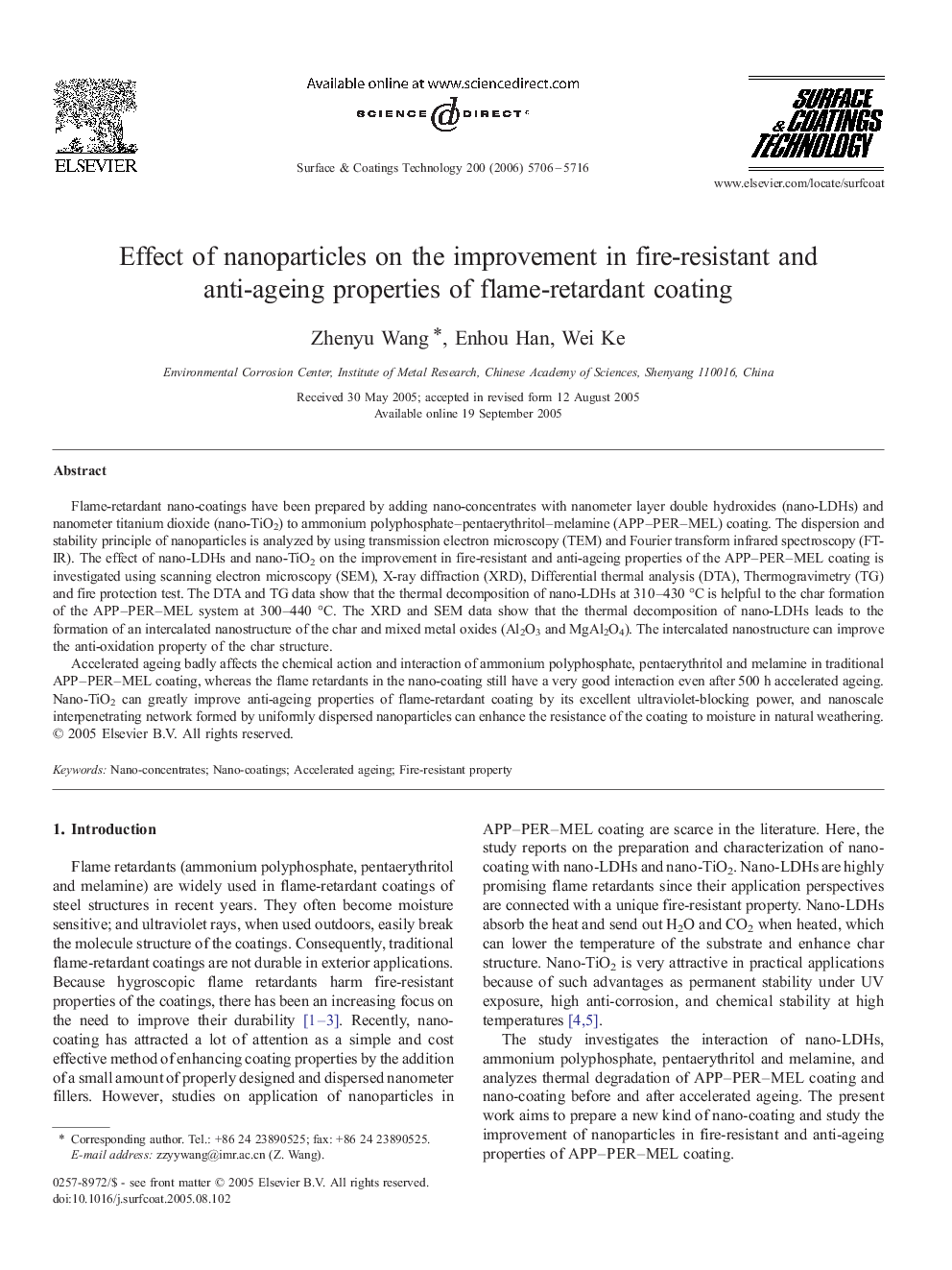 Effect of nanoparticles on the improvement in fire-resistant and anti-ageing properties of flame-retardant coating