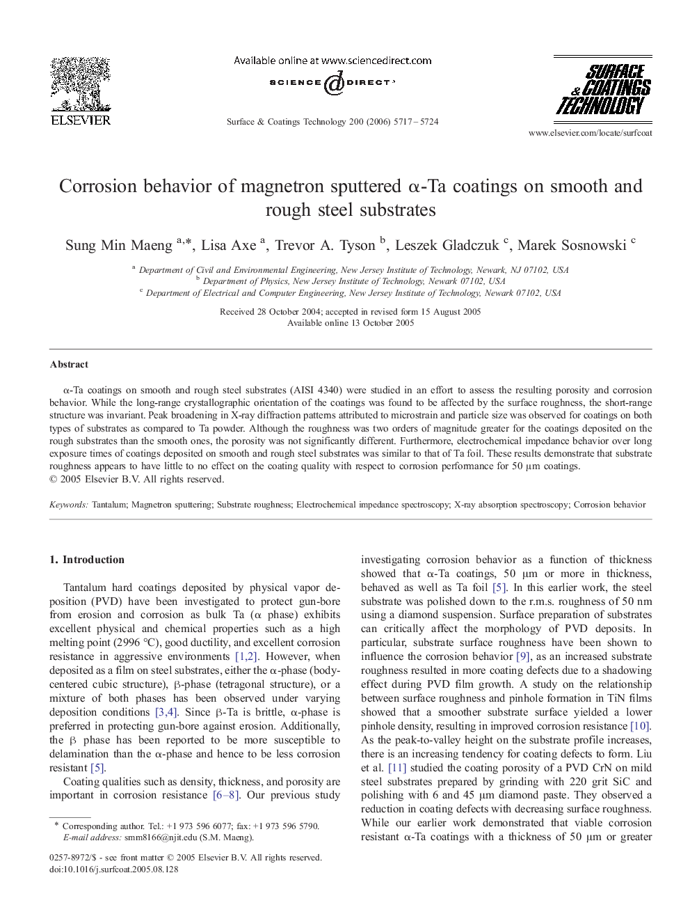 Corrosion behavior of magnetron sputtered Î±-Ta coatings on smooth and rough steel substrates