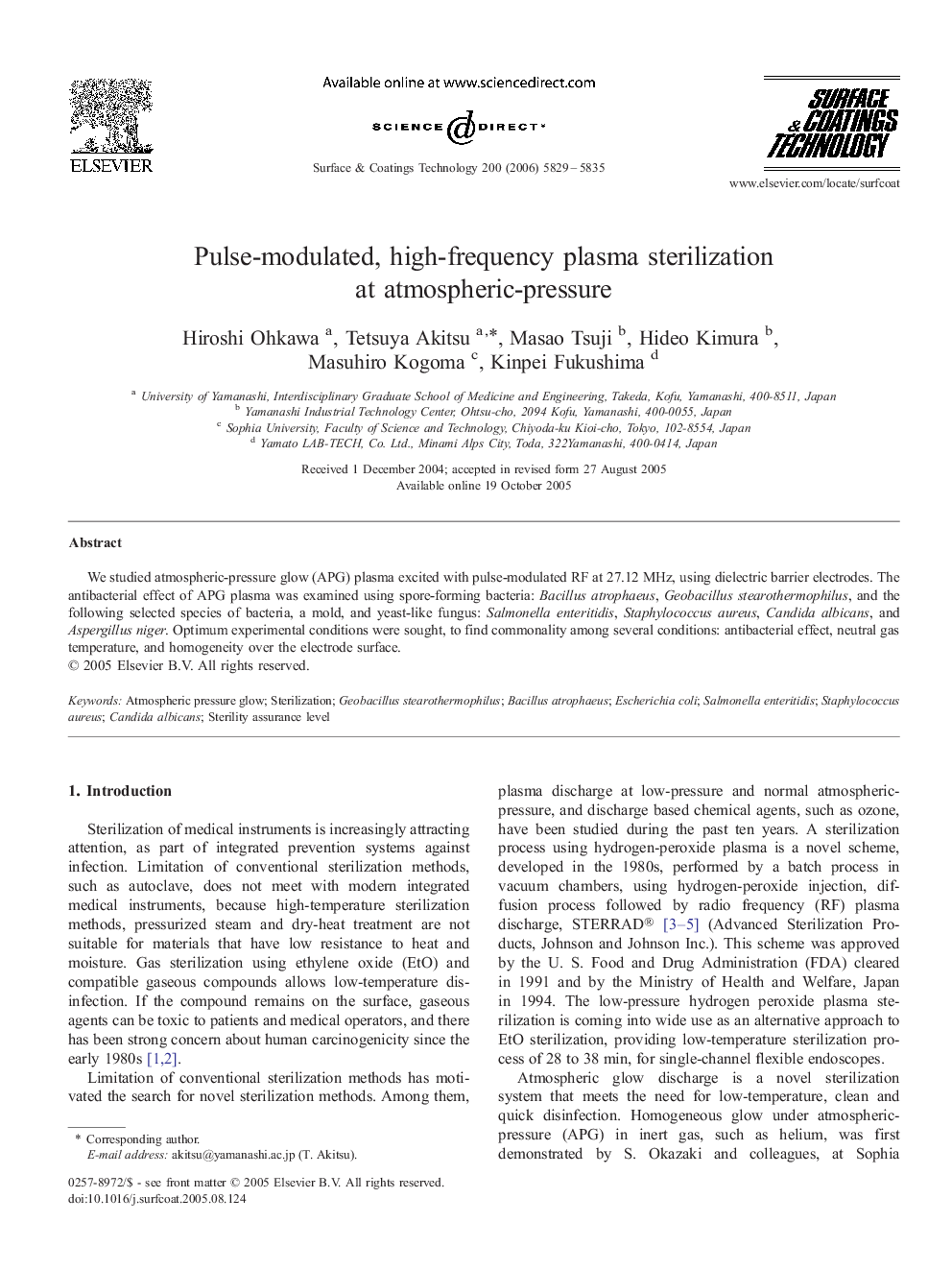 Pulse-modulated, high-frequency plasma sterilization at atmospheric-pressure