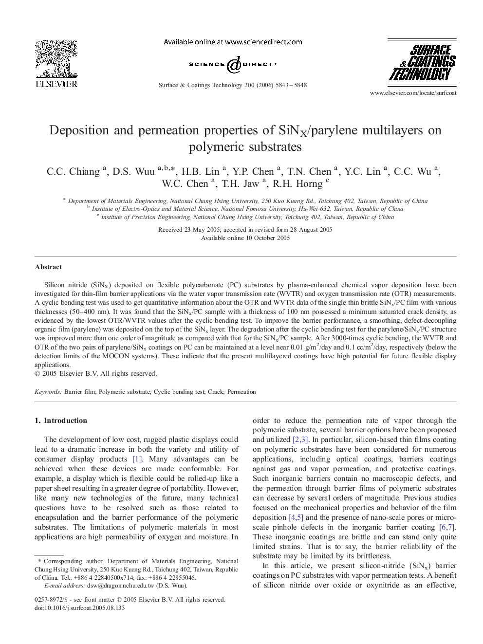 Deposition and permeation properties of SiNX/parylene multilayers on polymeric substrates