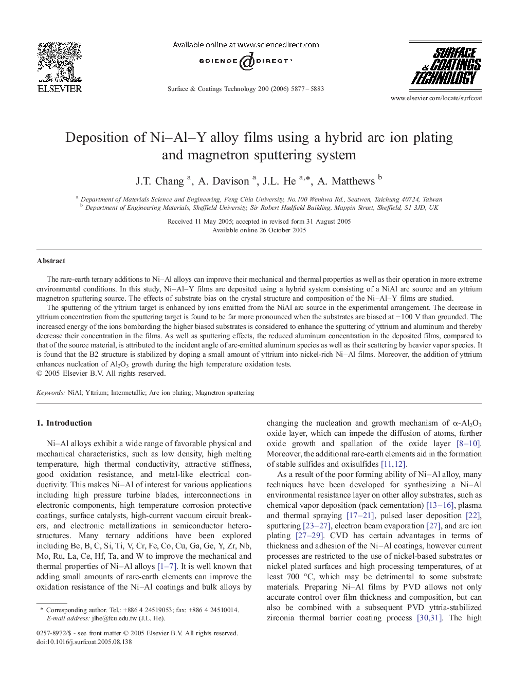 Deposition of Ni–Al–Y alloy films using a hybrid arc ion plating and magnetron sputtering system