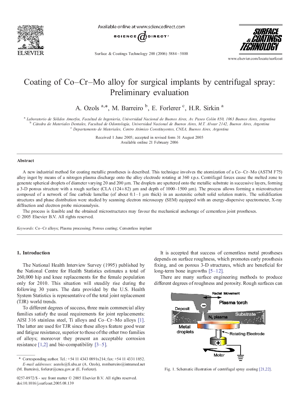 Coating of Co–Cr–Mo alloy for surgical implants by centrifugal spray: Preliminary evaluation