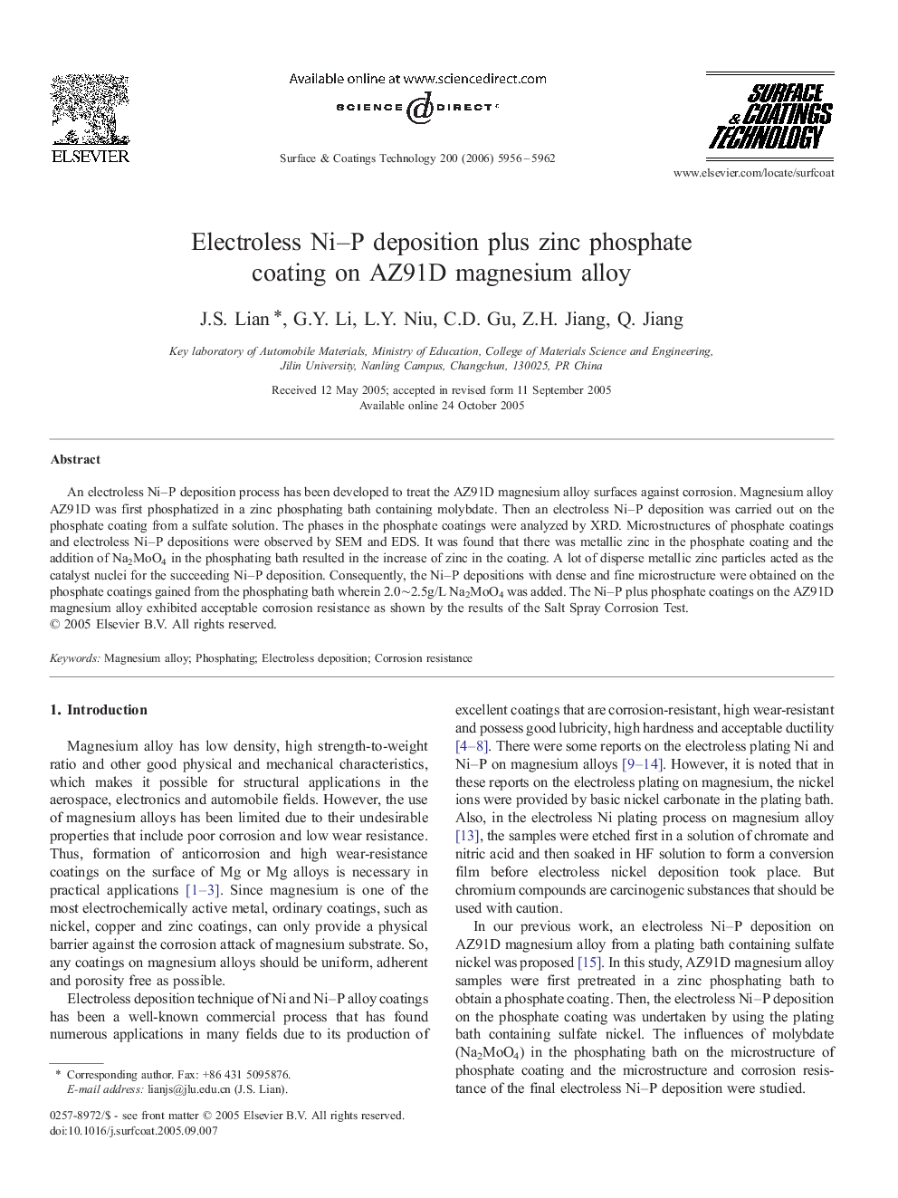 Electroless Ni–P deposition plus zinc phosphate coating on AZ91D magnesium alloy