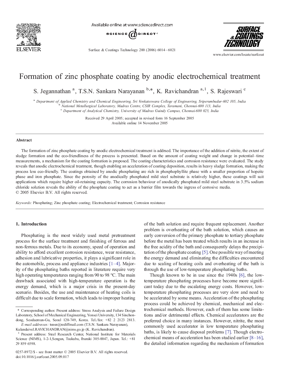 Formation of zinc phosphate coating by anodic electrochemical treatment