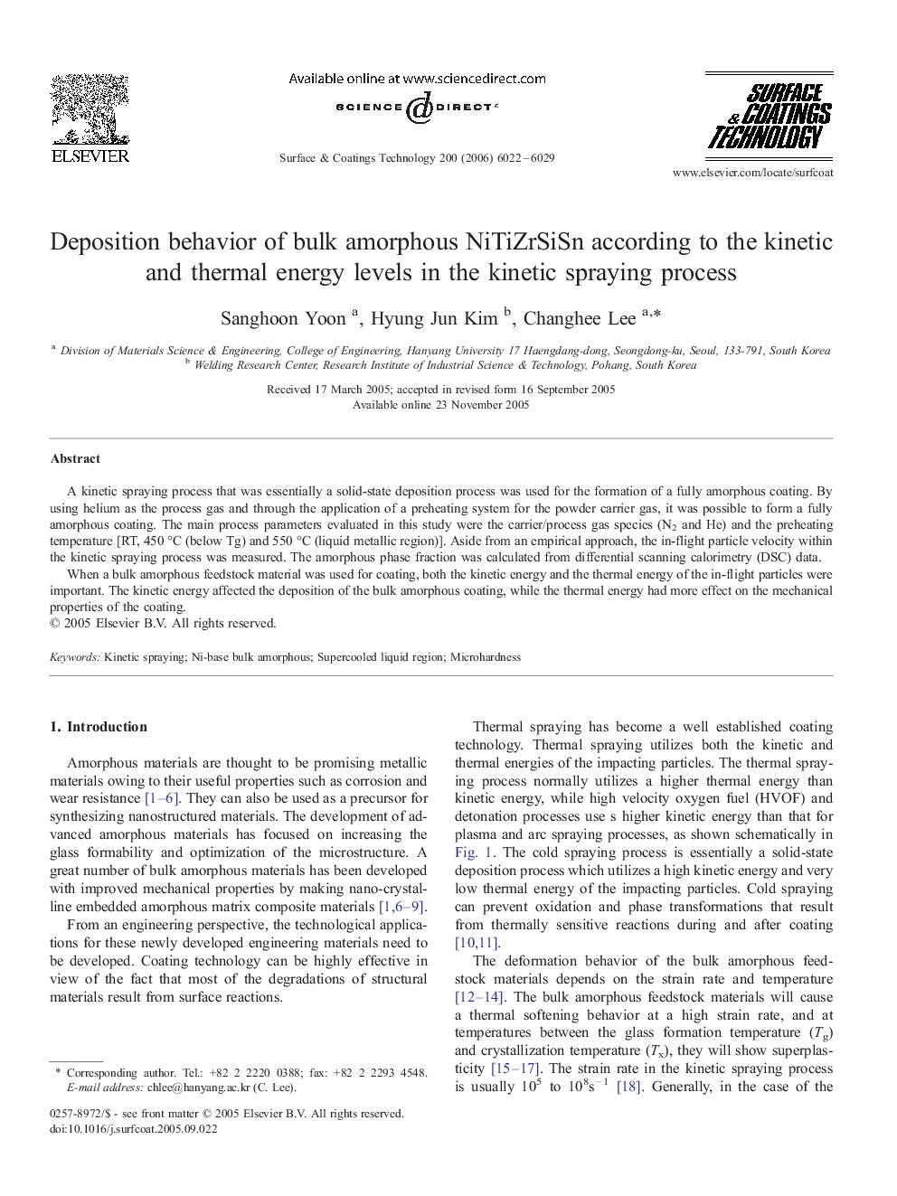 Deposition behavior of bulk amorphous NiTiZrSiSn according to the kinetic and thermal energy levels in the kinetic spraying process