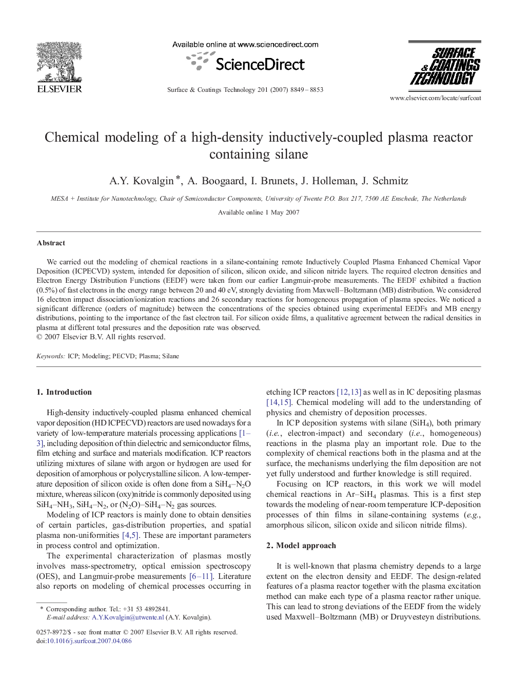 Chemical modeling of a high-density inductively-coupled plasma reactor containing silane