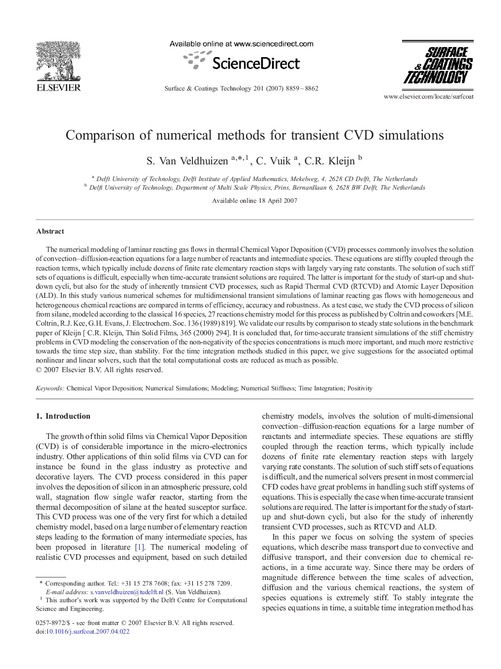 Comparison of numerical methods for transient CVD simulations