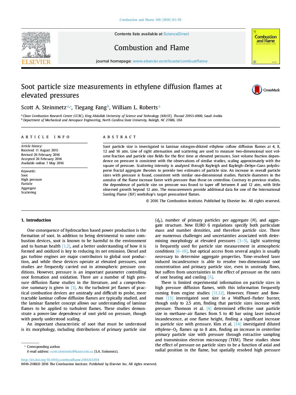 Soot particle size measurements in ethylene diffusion flames at elevated pressures