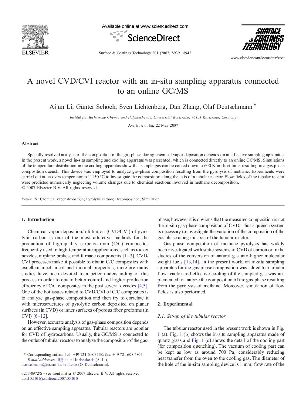 A novel CVD/CVI reactor with an in-situ sampling apparatus connected to an online GC/MS