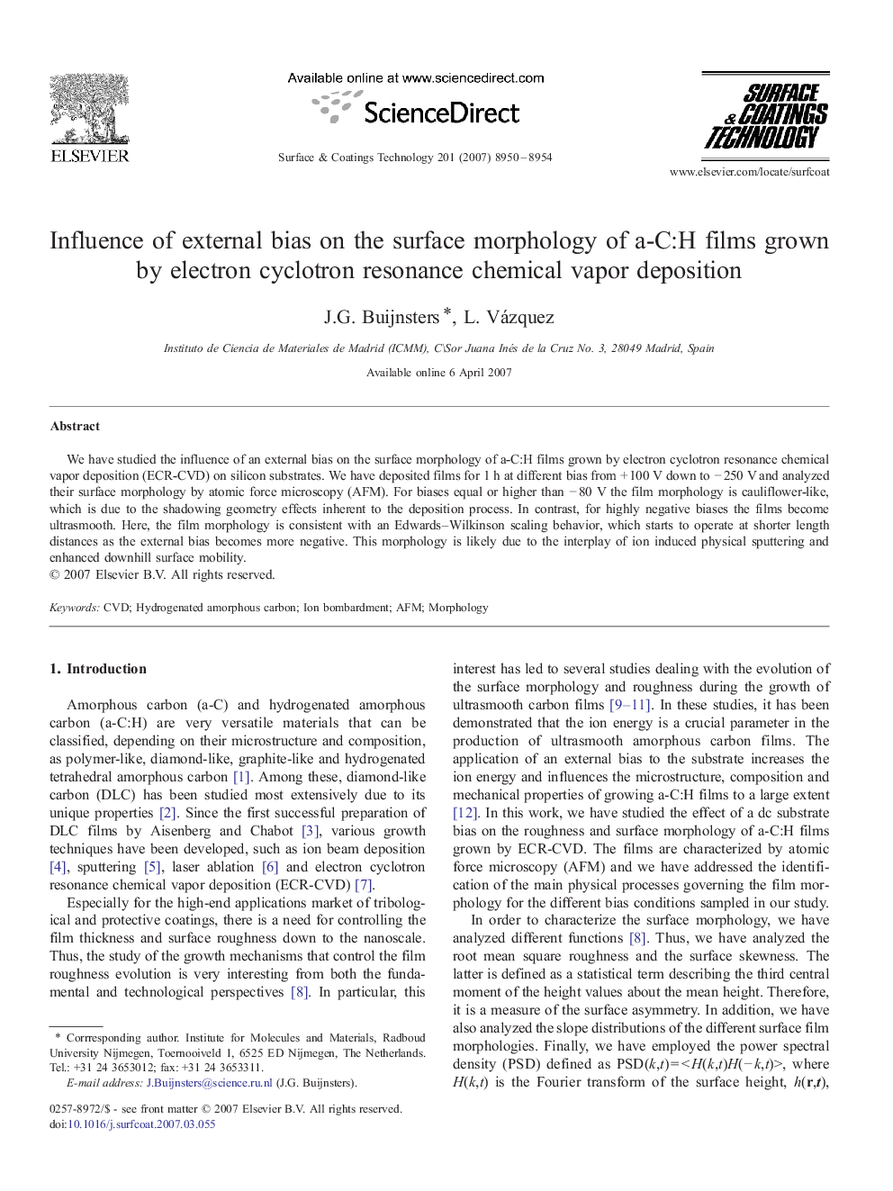 Influence of external bias on the surface morphology of a-C:H films grown by electron cyclotron resonance chemical vapor deposition