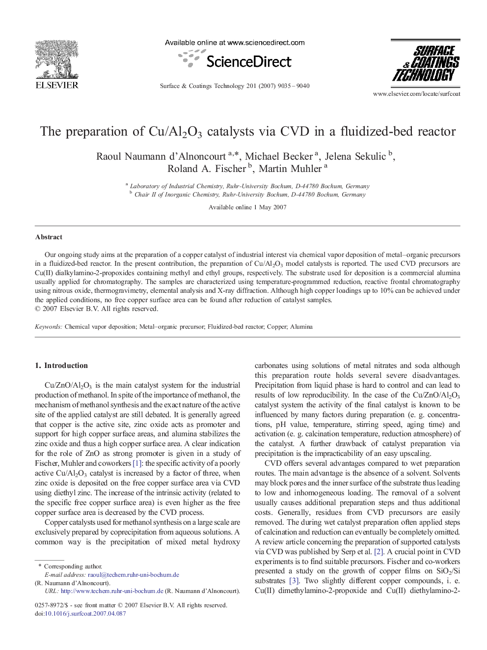 The preparation of Cu/Al2O3 catalysts via CVD in a fluidized-bed reactor