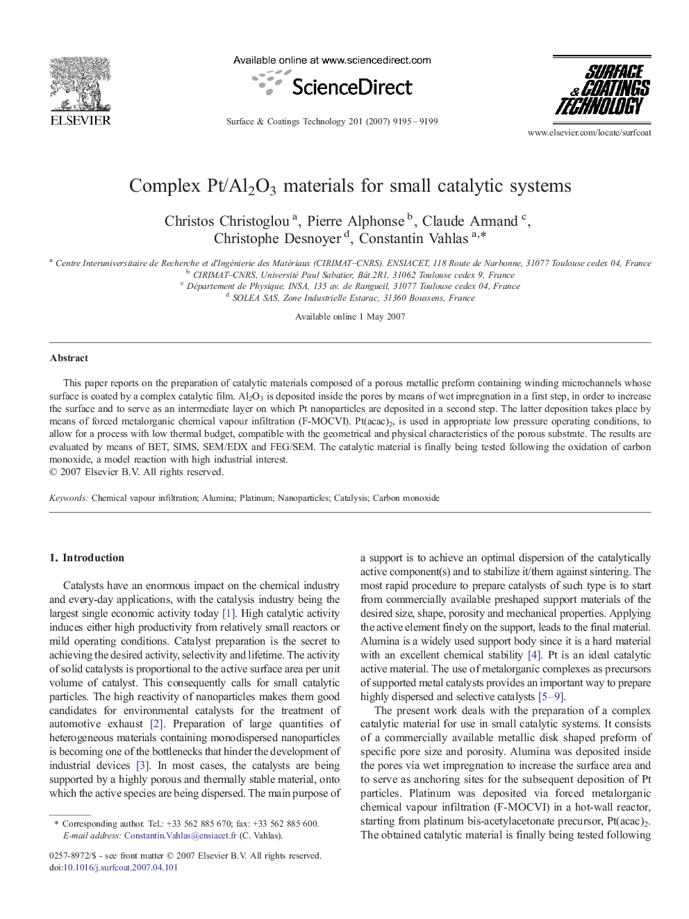 Complex Pt/Al2O3 materials for small catalytic systems