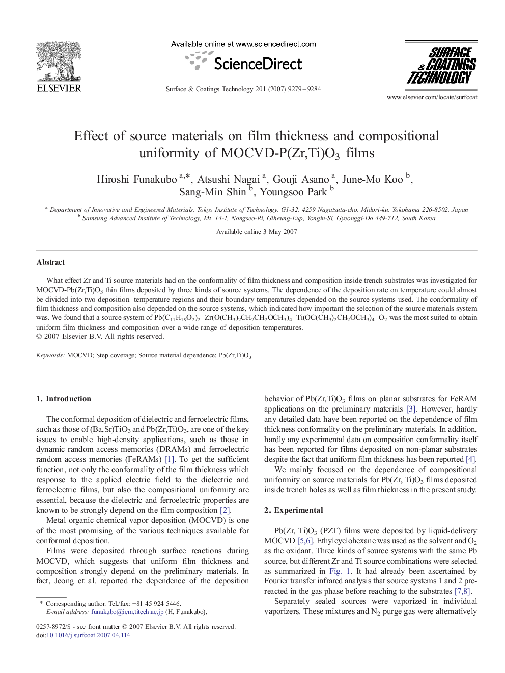 Effect of source materials on film thickness and compositional uniformity of MOCVD-P(Zr,Ti)O3 films