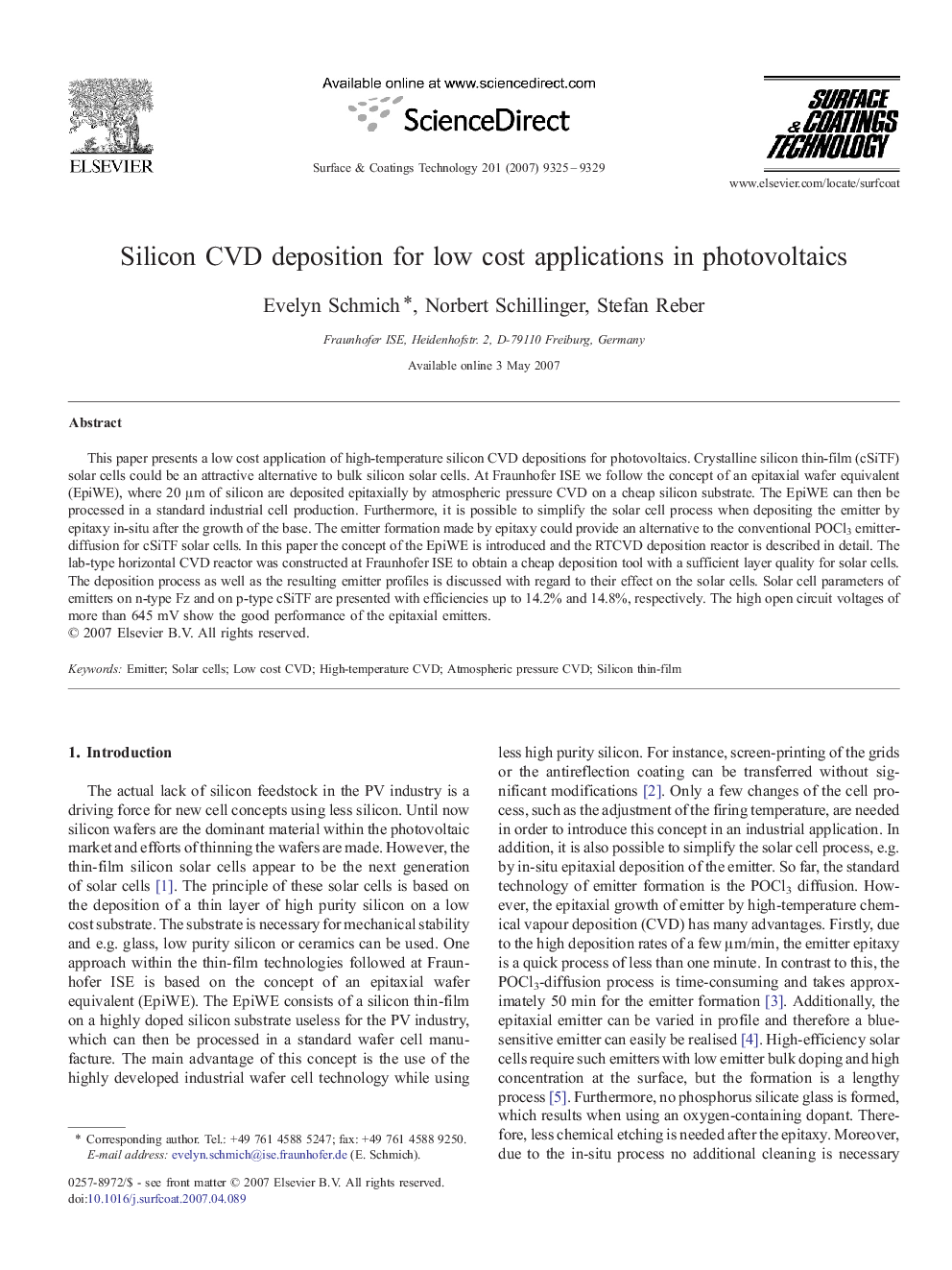 Silicon CVD deposition for low cost applications in photovoltaics