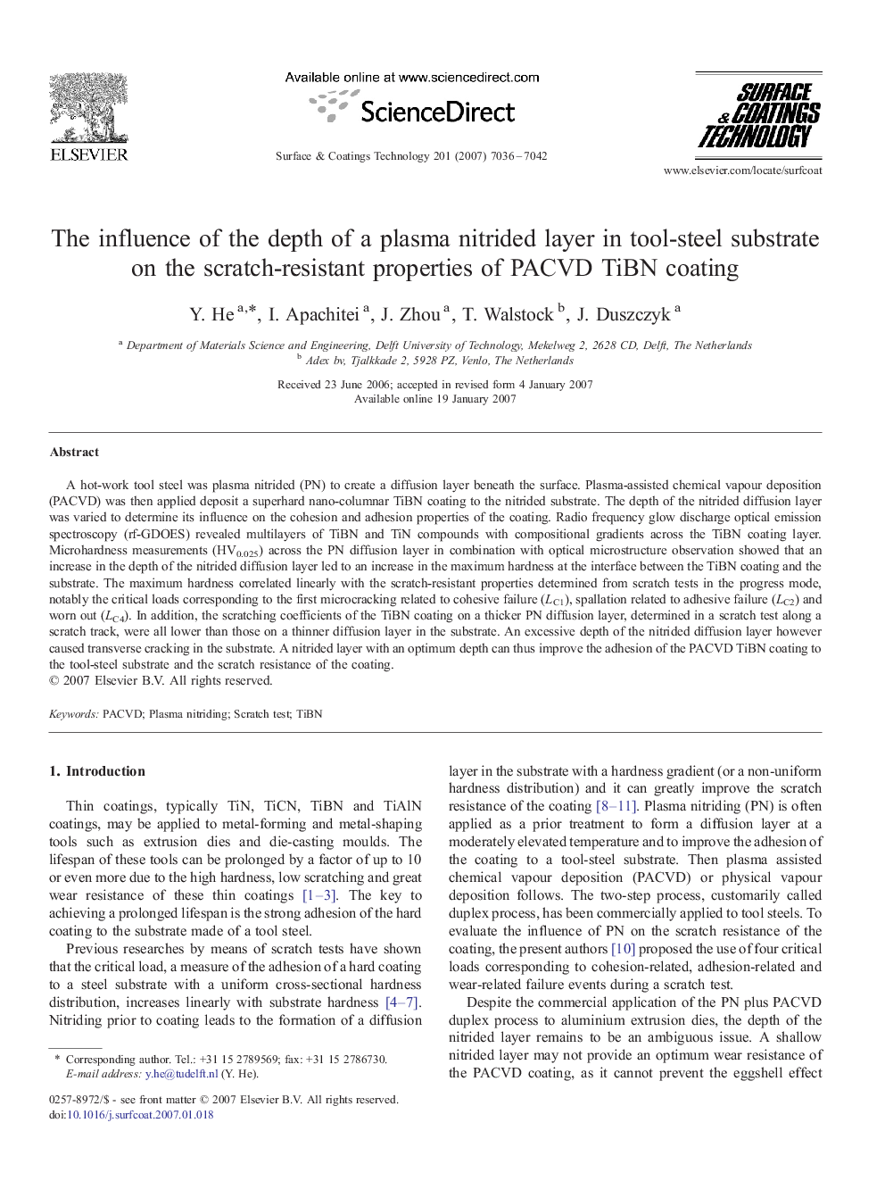 The influence of the depth of a plasma nitrided layer in tool-steel substrate on the scratch-resistant properties of PACVD TiBN coating