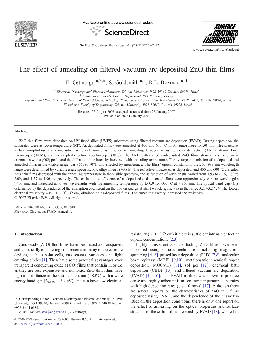 The effect of annealing on filtered vacuum arc deposited ZnO thin films