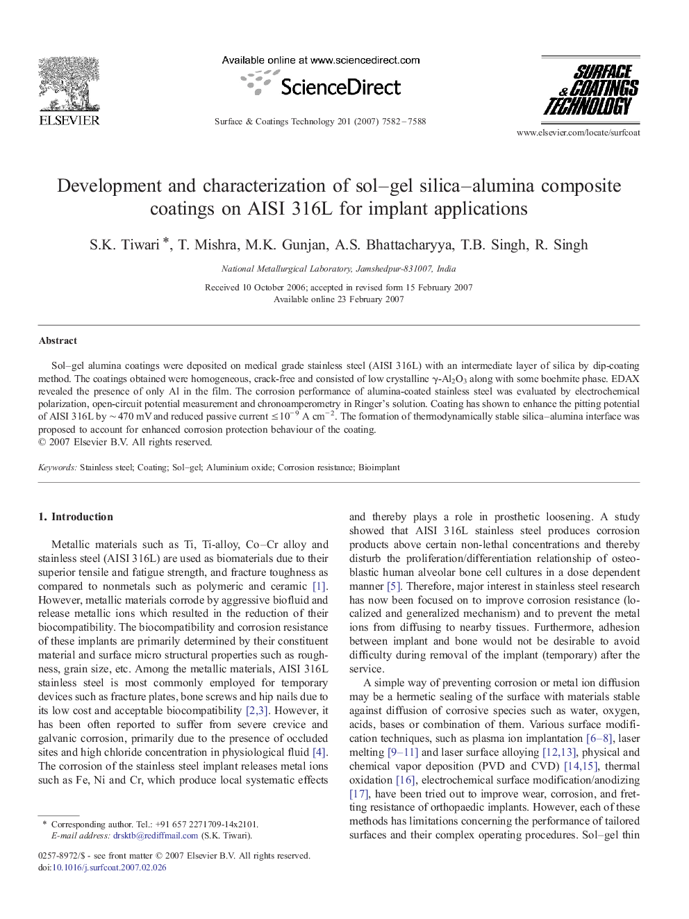 Development and characterization of sol–gel silica–alumina composite coatings on AISI 316L for implant applications