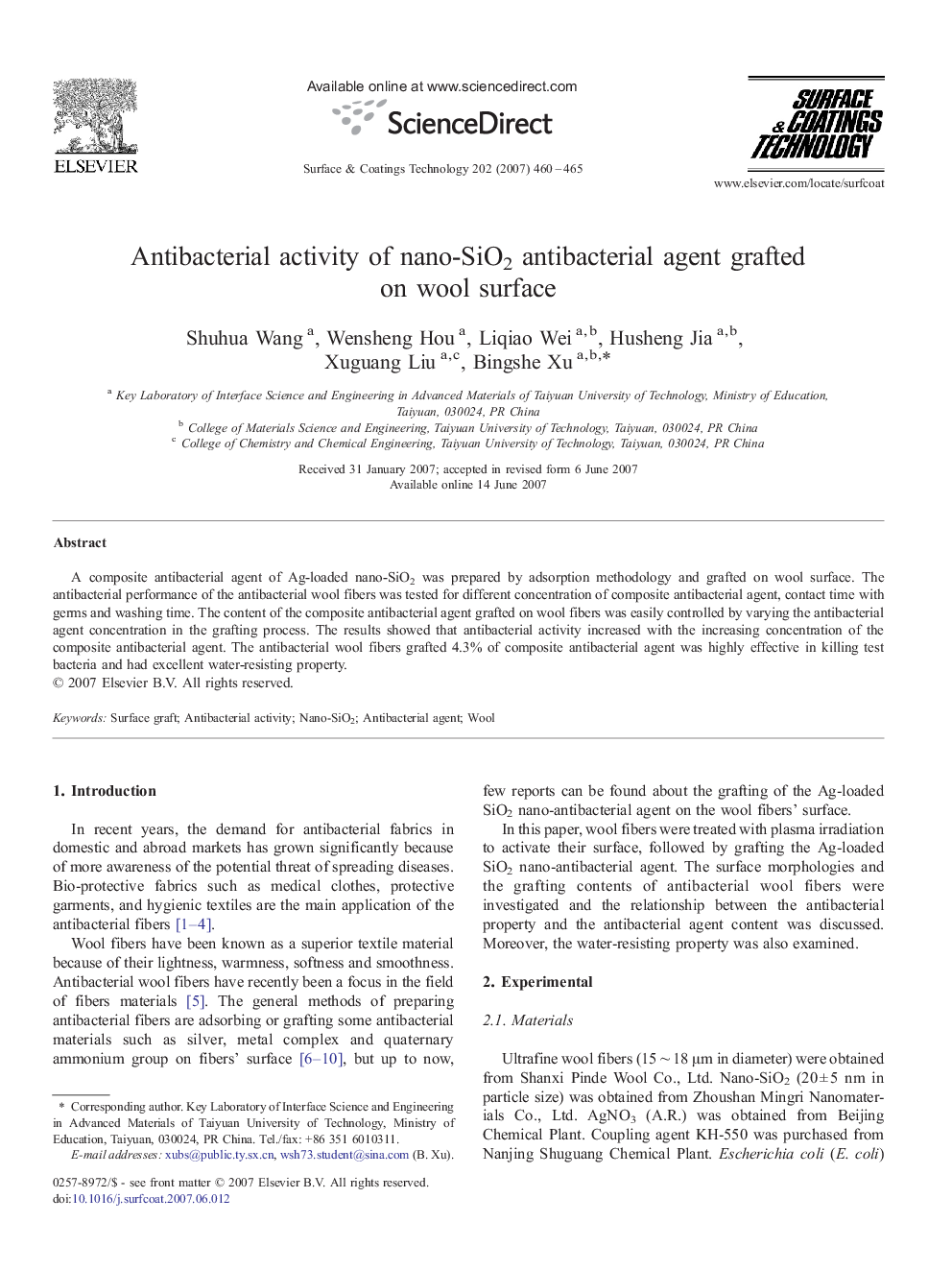 Antibacterial activity of nano-SiO2 antibacterial agent grafted on wool surface