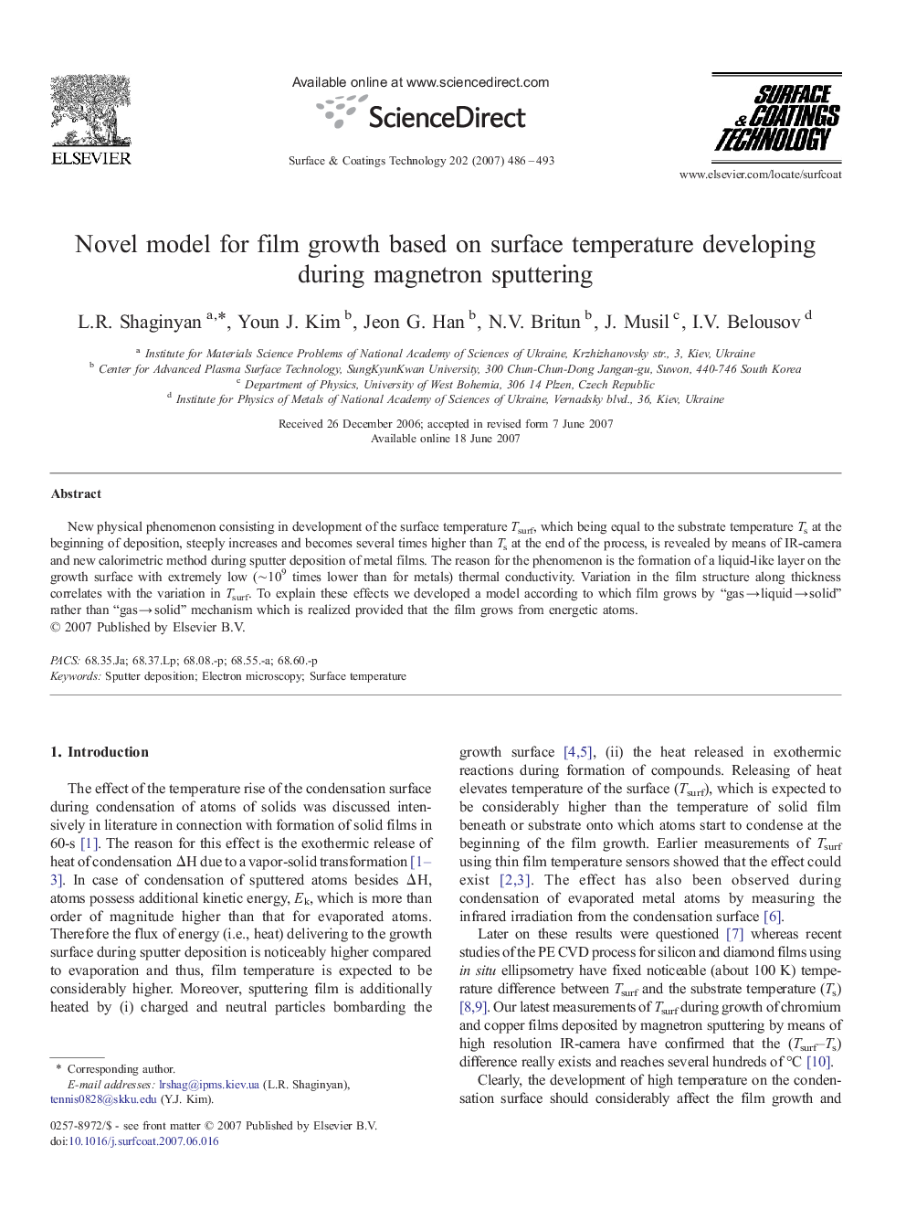 Novel model for film growth based on surface temperature developing during magnetron sputtering