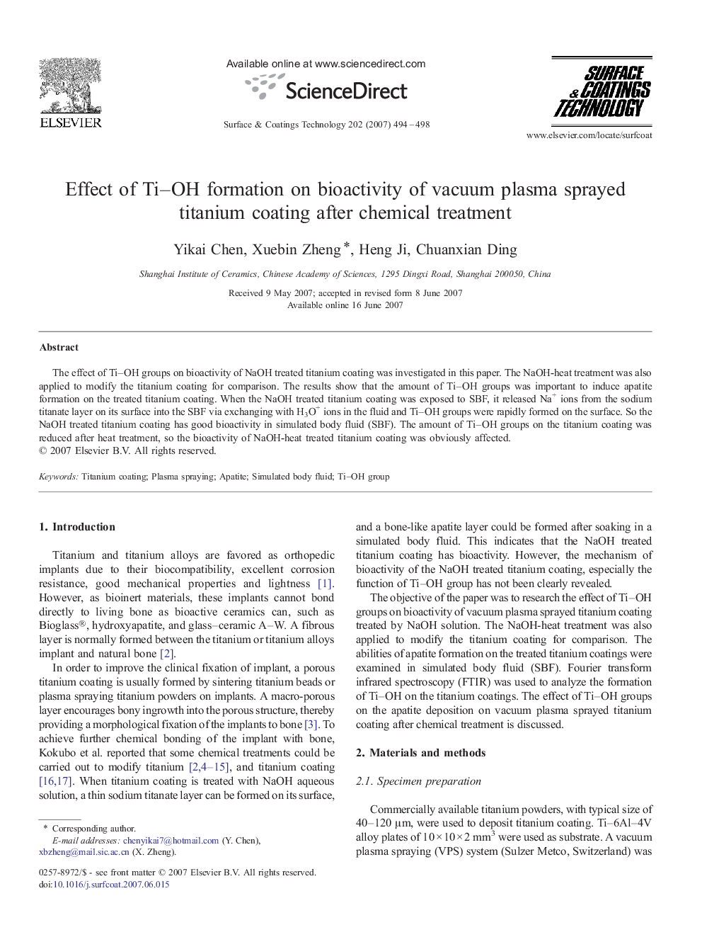 Effect of Ti–OH formation on bioactivity of vacuum plasma sprayed titanium coating after chemical treatment