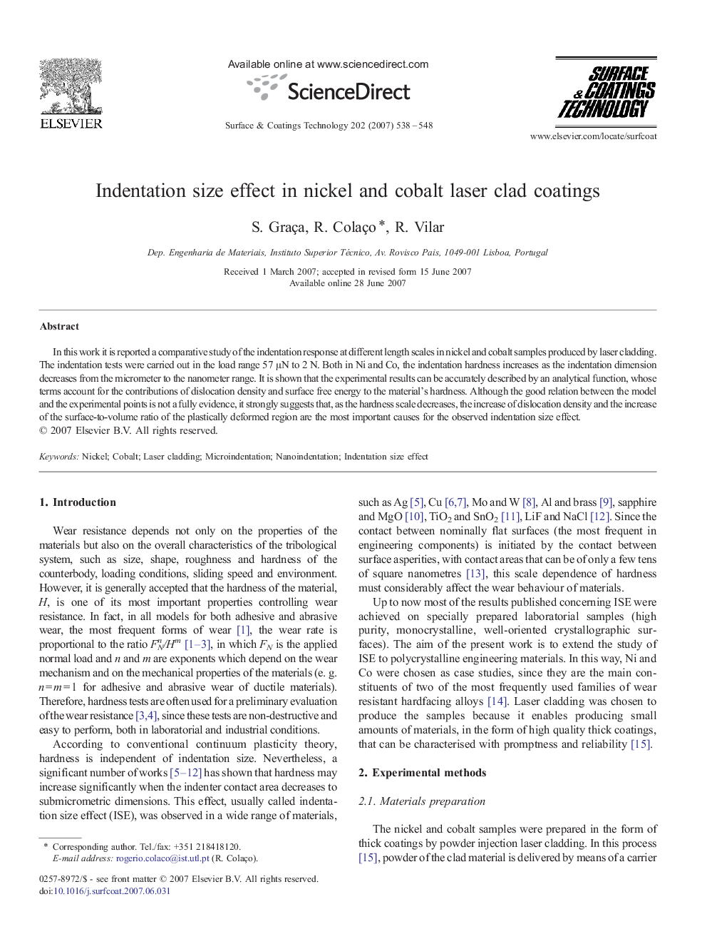 Indentation size effect in nickel and cobalt laser clad coatings