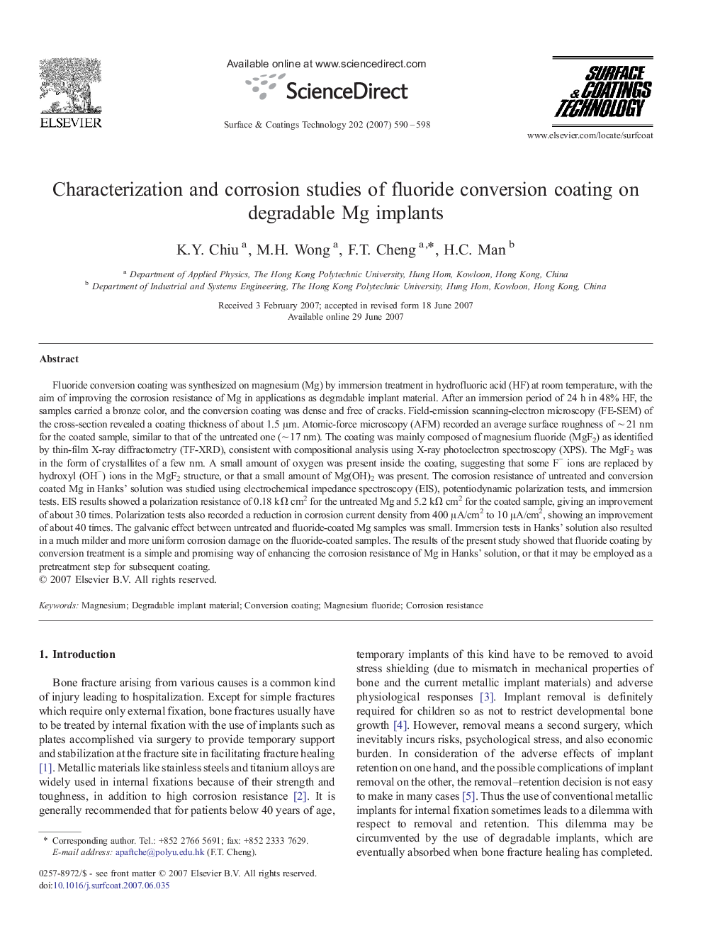 Characterization and corrosion studies of fluoride conversion coating on degradable Mg implants