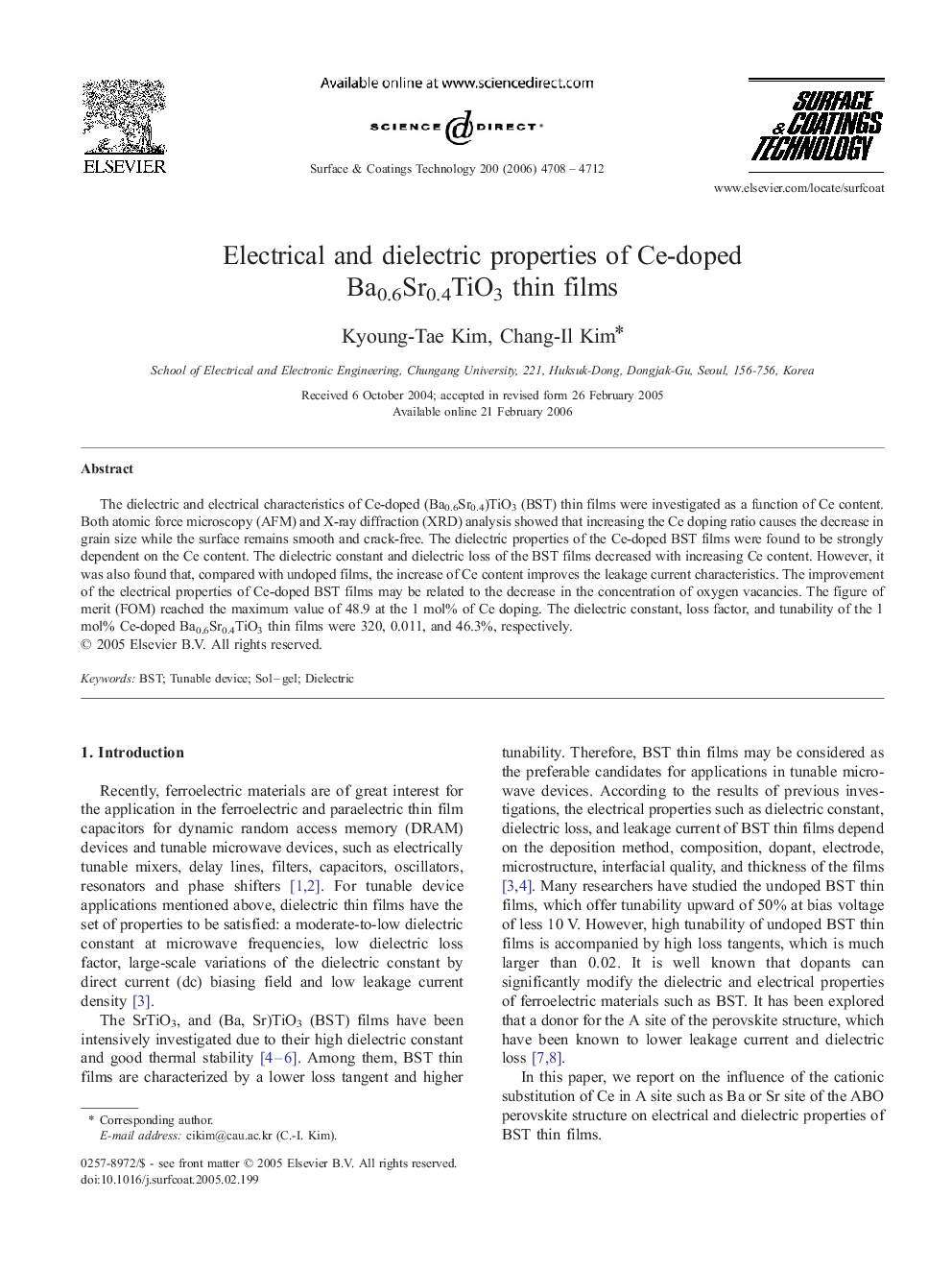 Electrical and dielectric properties of Ce-doped Ba0.6Sr0.4TiO3 thin films