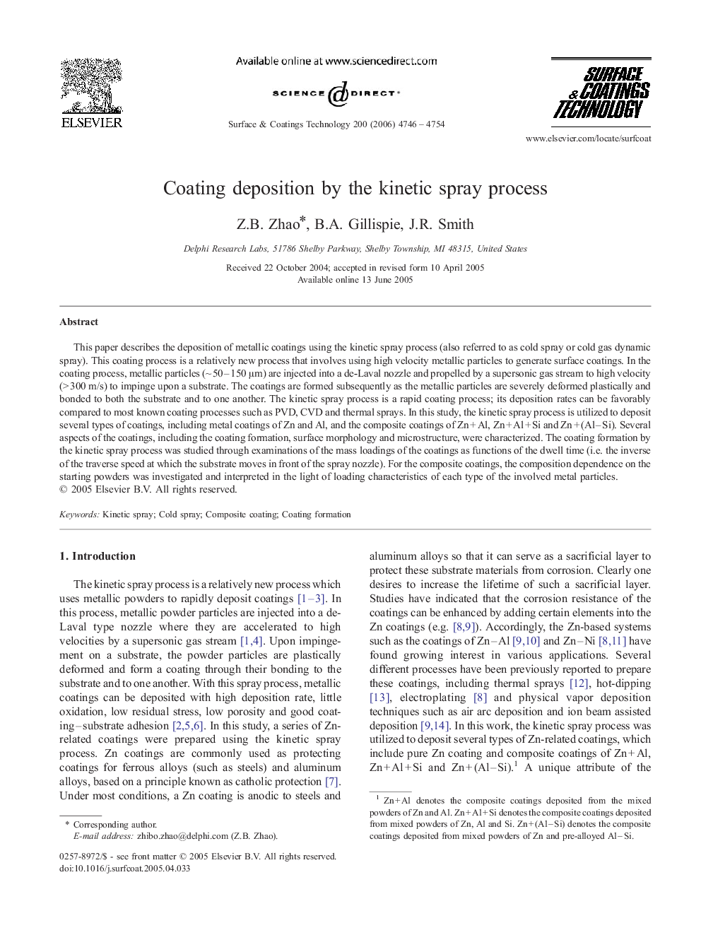 Coating deposition by the kinetic spray process