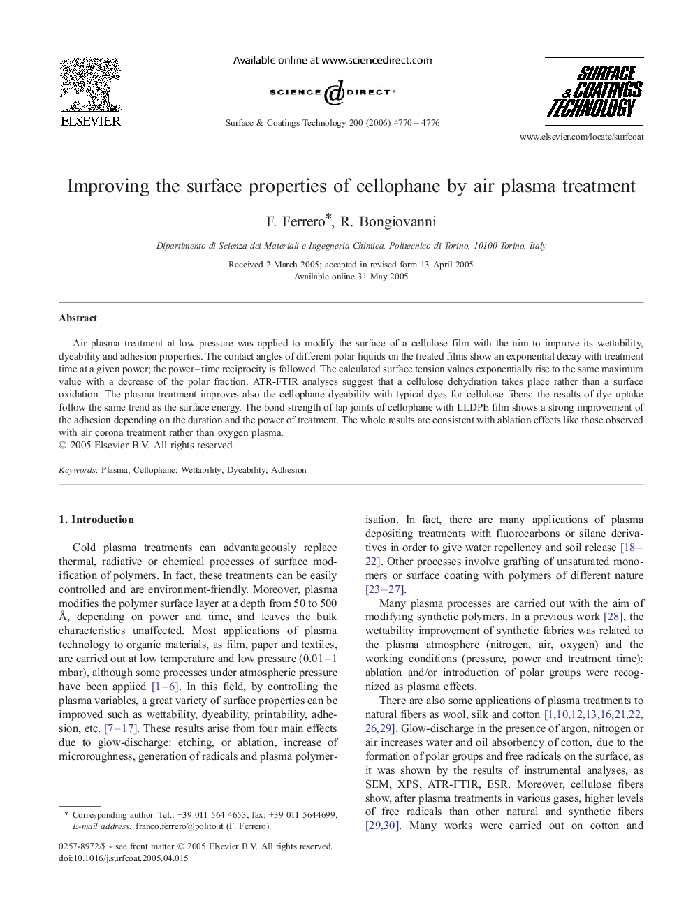 Improving the surface properties of cellophane by air plasma treatment