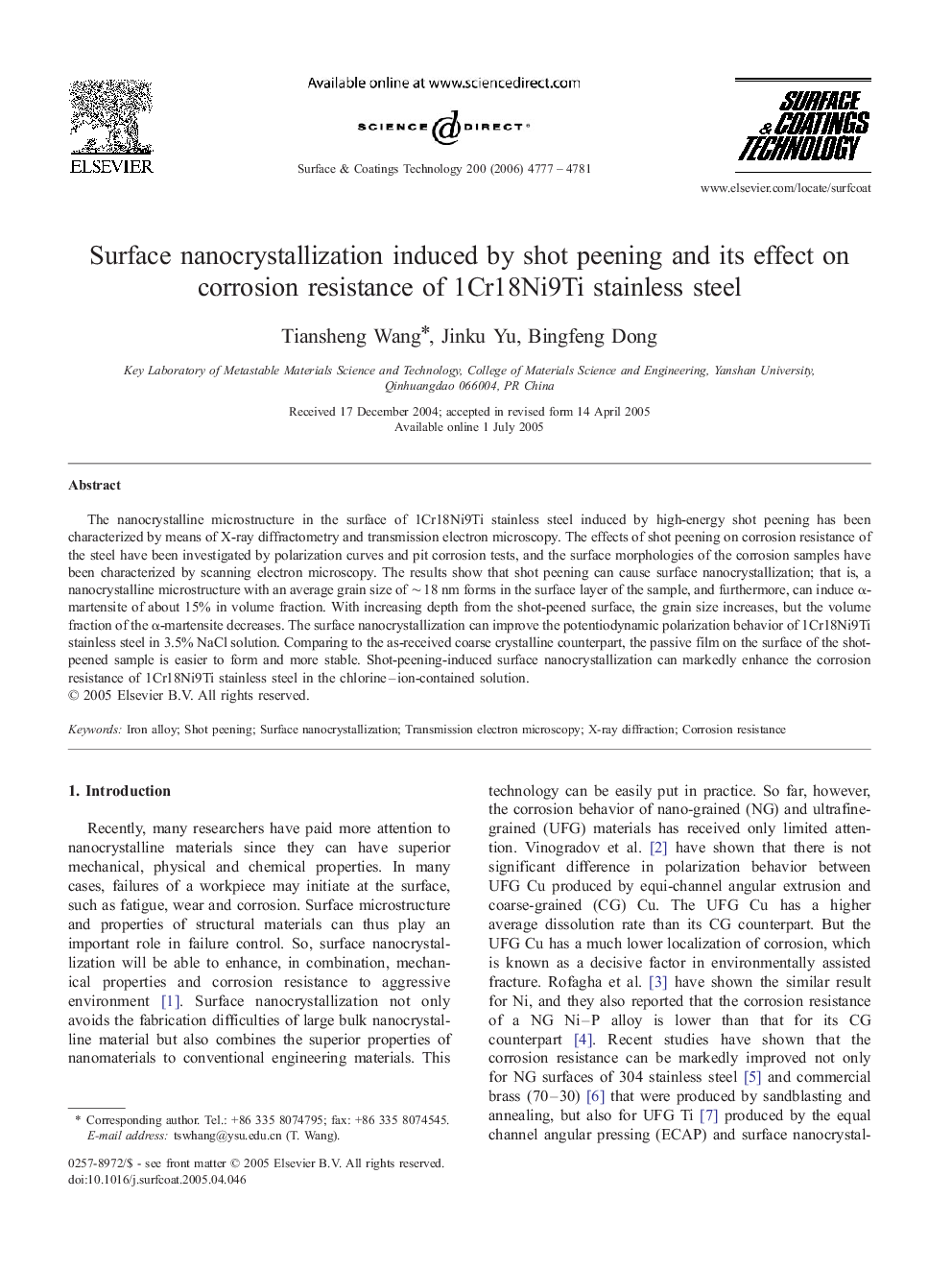 Surface nanocrystallization induced by shot peening and its effect on corrosion resistance of 1Cr18Ni9Ti stainless steel