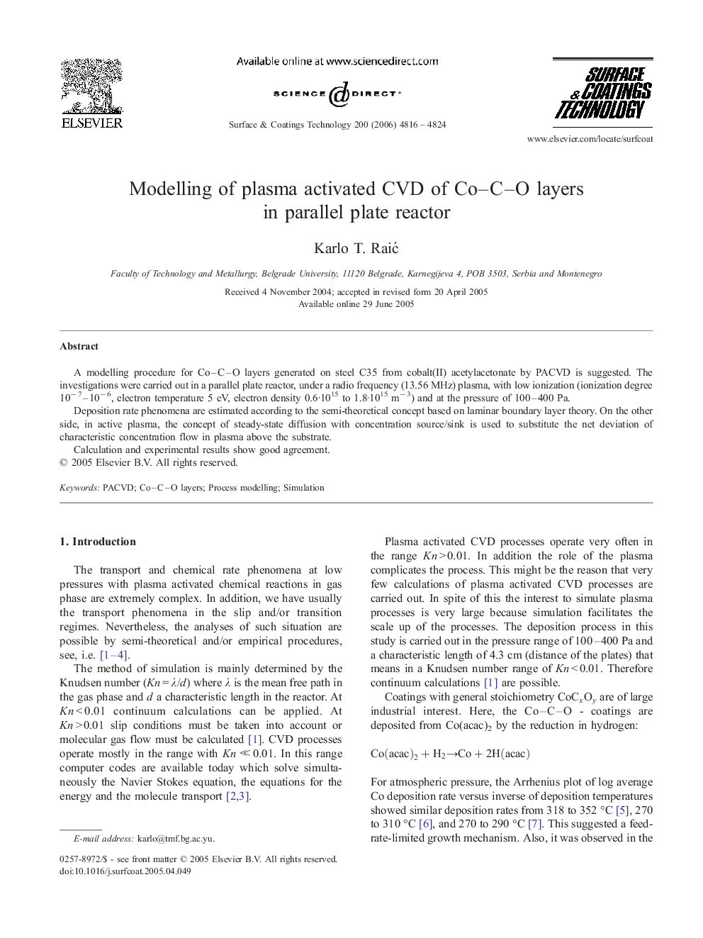 Modelling of plasma activated CVD of Co–C–O layers in parallel plate reactor