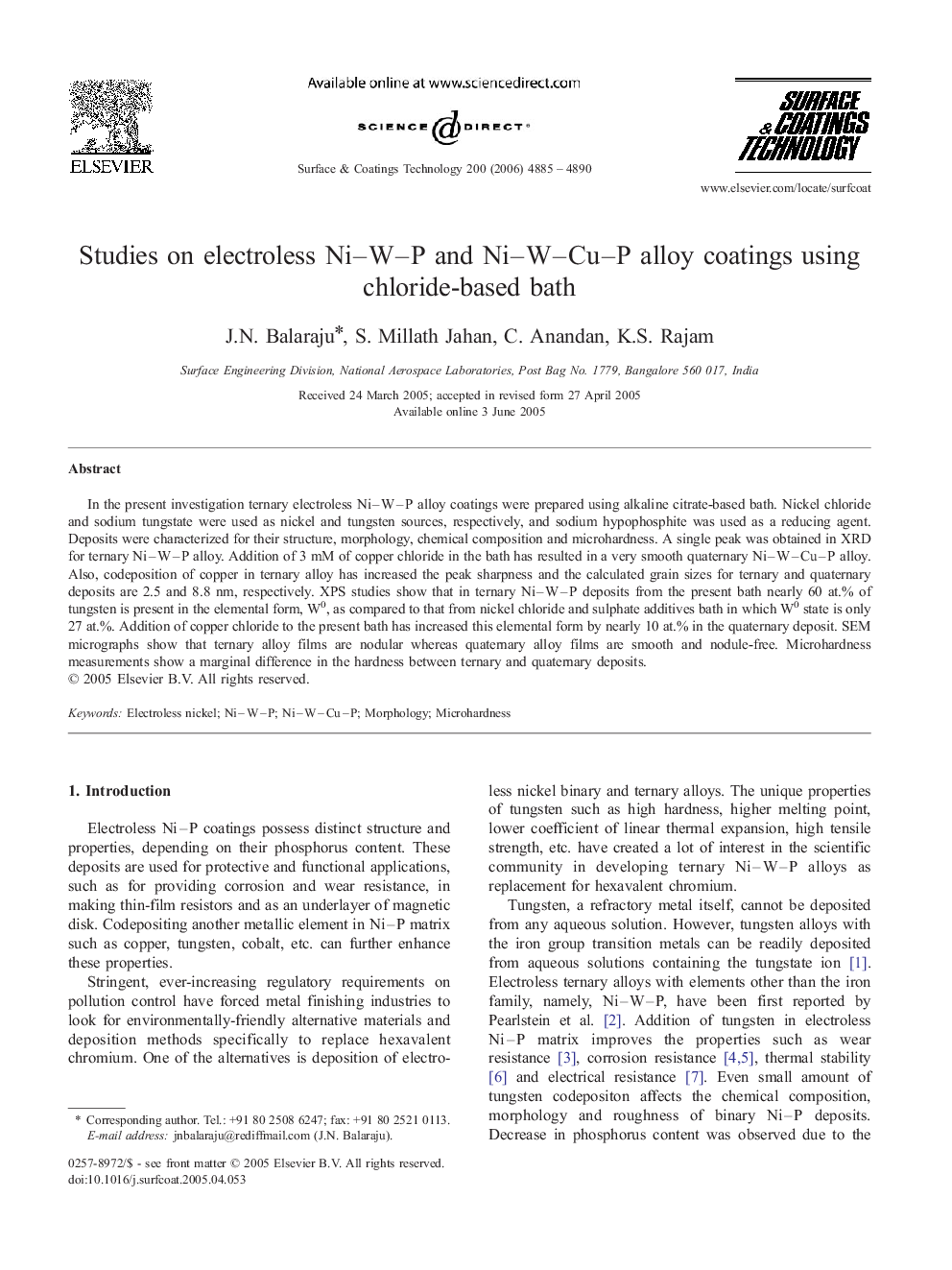 Studies on electroless Ni–W–P and Ni–W–Cu–P alloy coatings using chloride-based bath