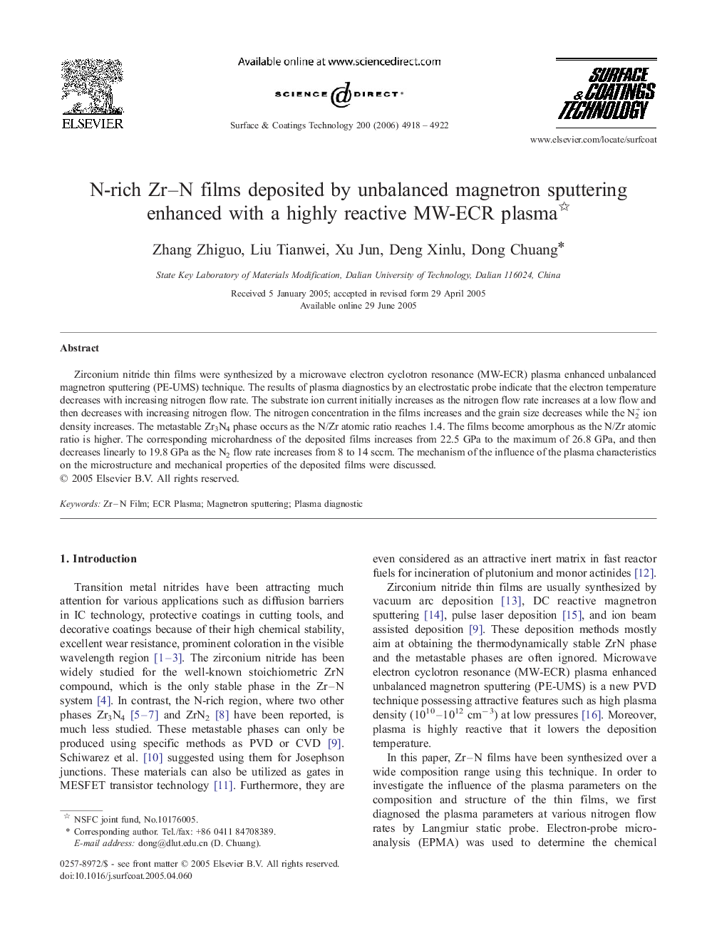 N-rich Zr–N films deposited by unbalanced magnetron sputtering enhanced with a highly reactive MW-ECR plasma 