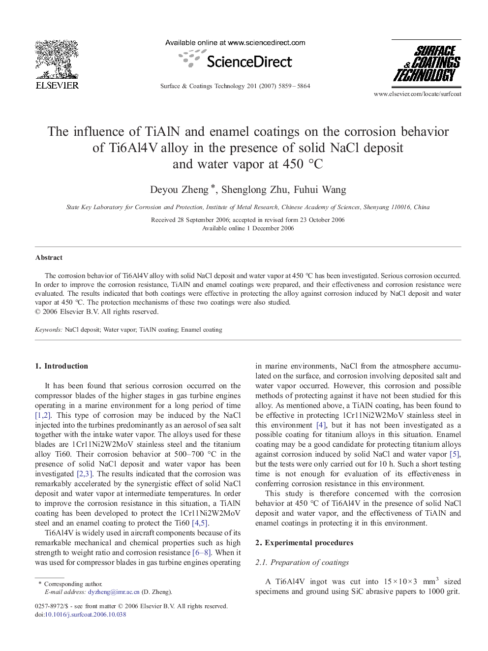 The influence of TiAlN and enamel coatings on the corrosion behavior of Ti6Al4V alloy in the presence of solid NaCl deposit and water vapor at 450 °C