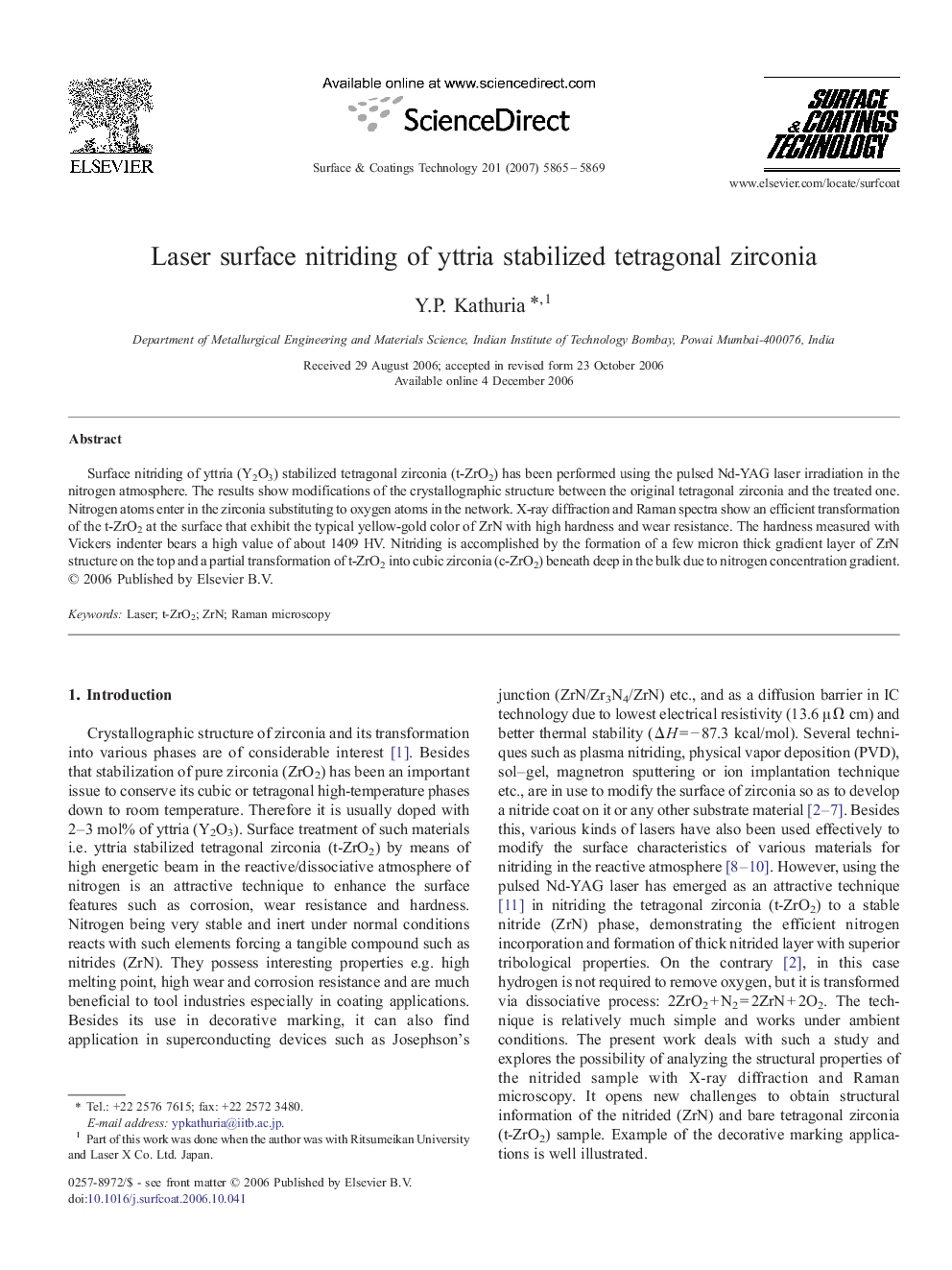 Laser surface nitriding of yttria stabilized tetragonal zirconia