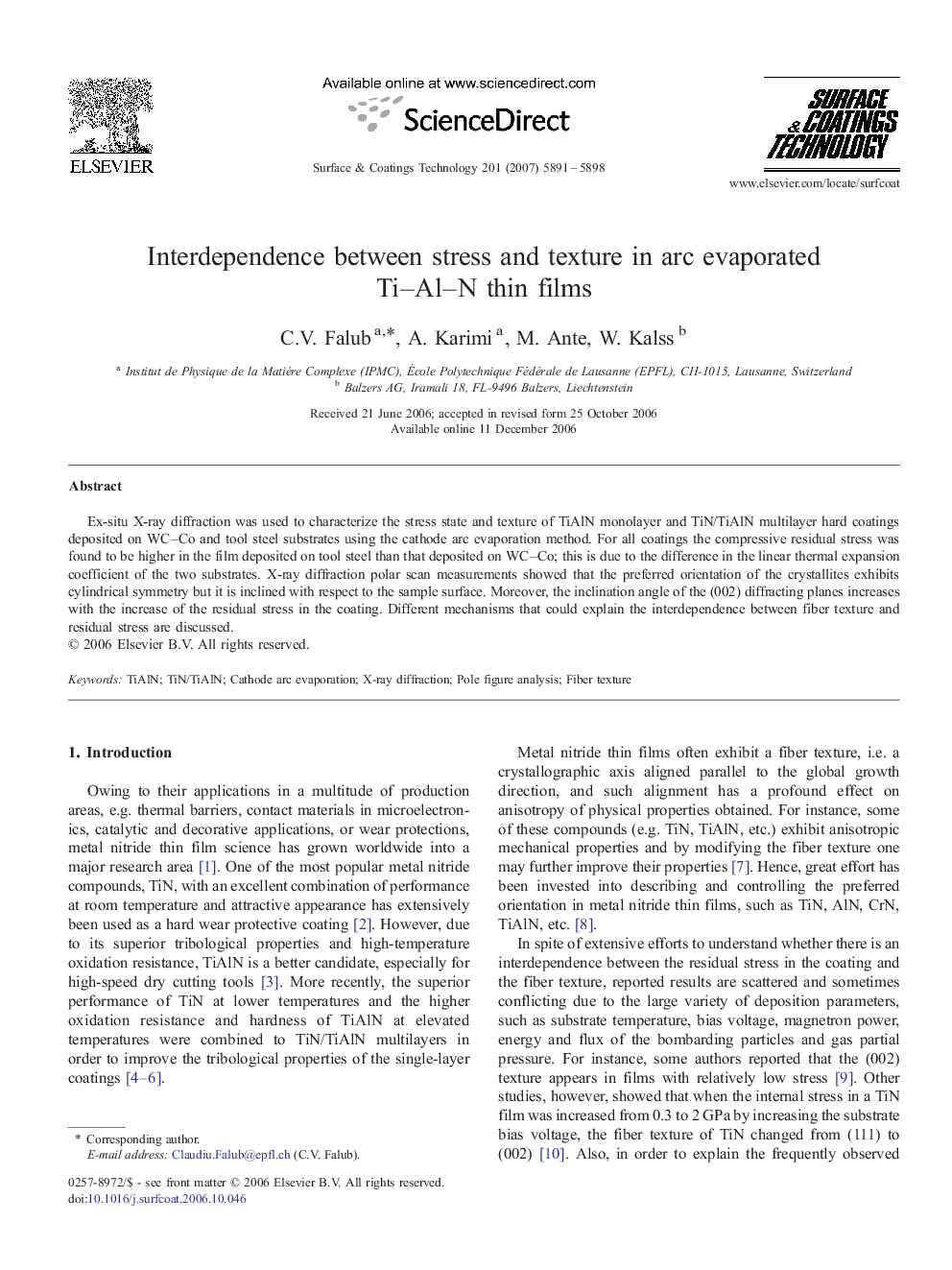 Interdependence between stress and texture in arc evaporated Ti–Al–N thin films