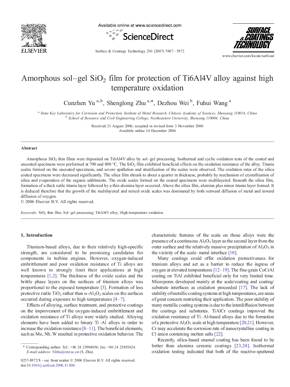 Amorphous sol–gel SiO2 film for protection of Ti6Al4V alloy against high temperature oxidation