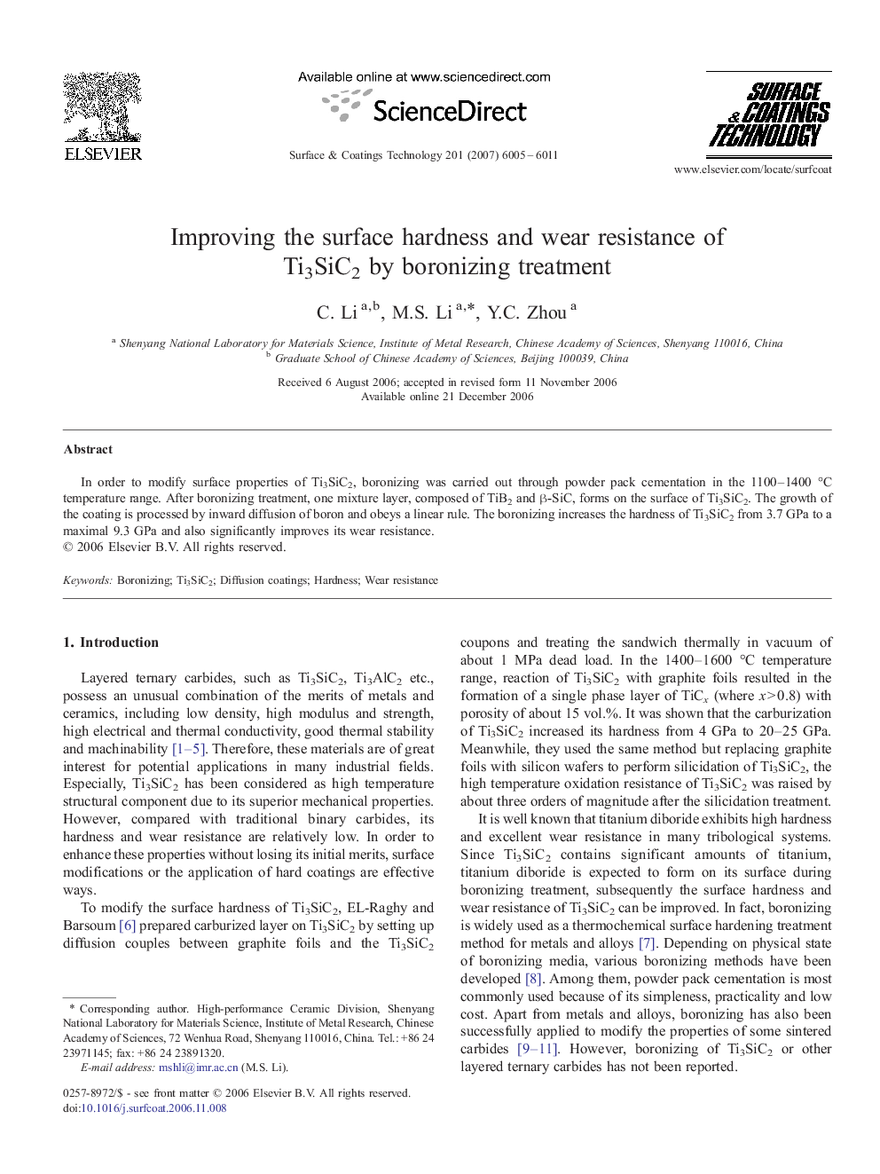 Improving the surface hardness and wear resistance of Ti3SiC2 by boronizing treatment