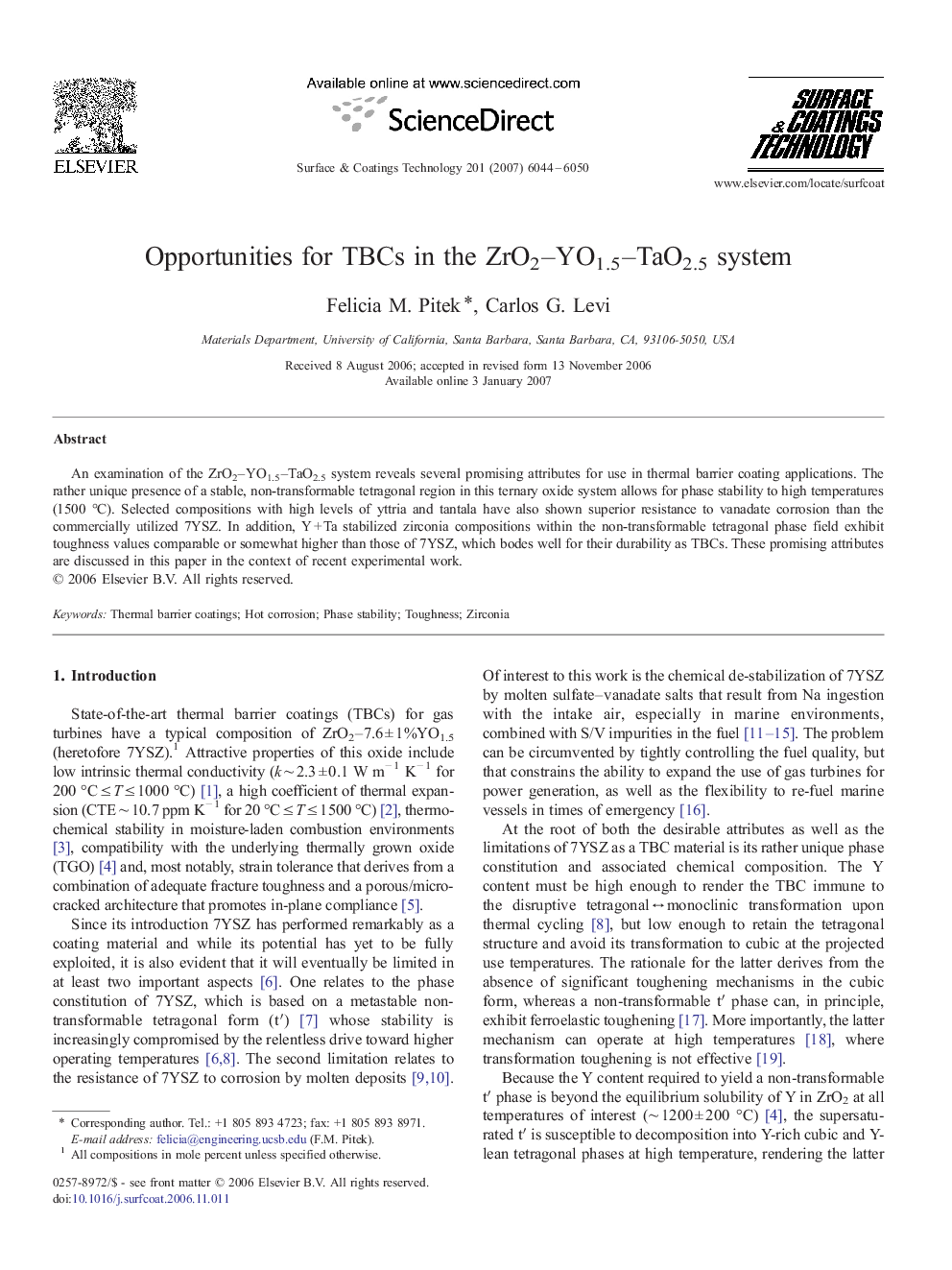 Opportunities for TBCs in the ZrO2–YO1.5–TaO2.5 system