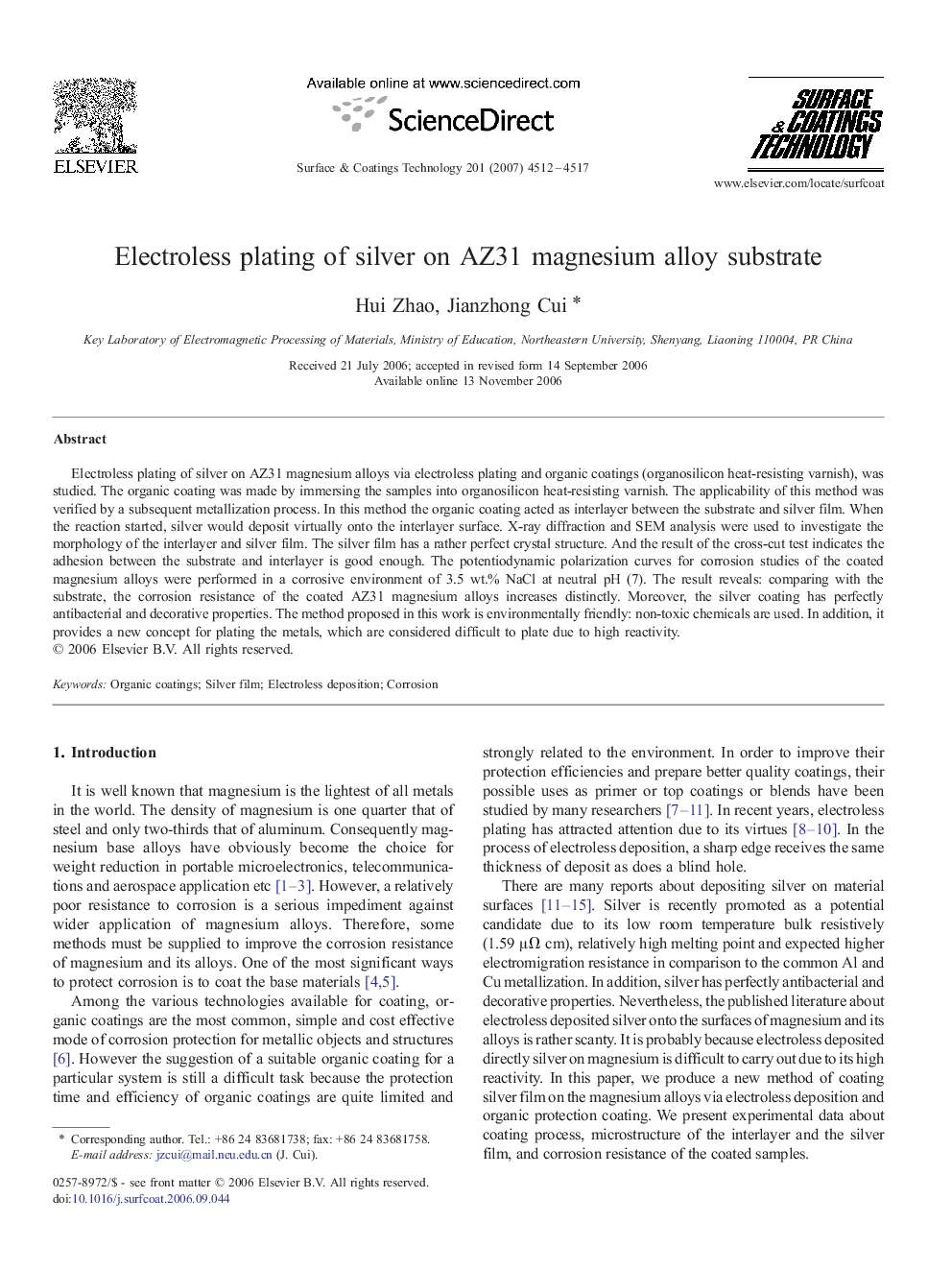 Electroless plating of silver on AZ31 magnesium alloy substrate