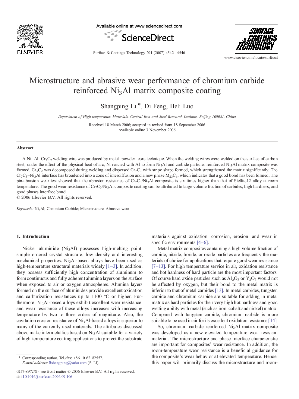 Microstructure and abrasive wear performance of chromium carbide reinforced Ni3Al matrix composite coating