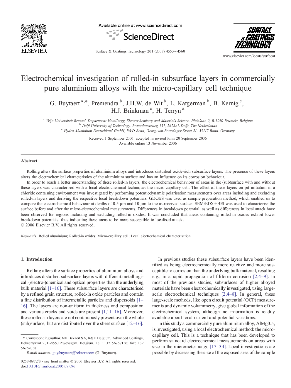 Electrochemical investigation of rolled-in subsurface layers in commercially pure aluminium alloys with the micro-capillary cell technique