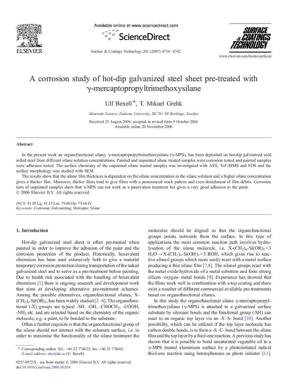 A corrosion study of hot-dip galvanized steel sheet pre-treated with γ-mercaptopropyltrimethoxysilane