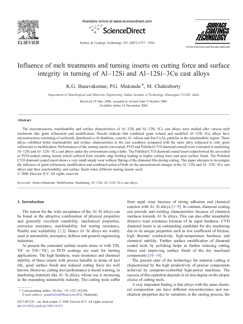 Influence of melt treatments and turning inserts on cutting force and surface integrity in turning of Al-12Si and Al-12Si-3Cu cast alloys