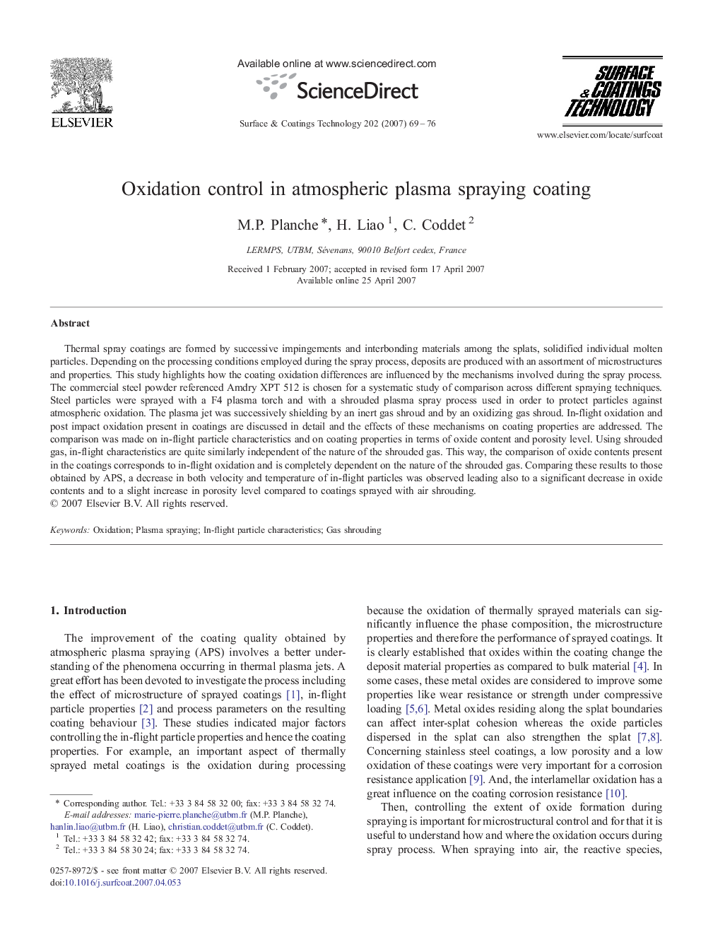 Oxidation control in atmospheric plasma spraying coating