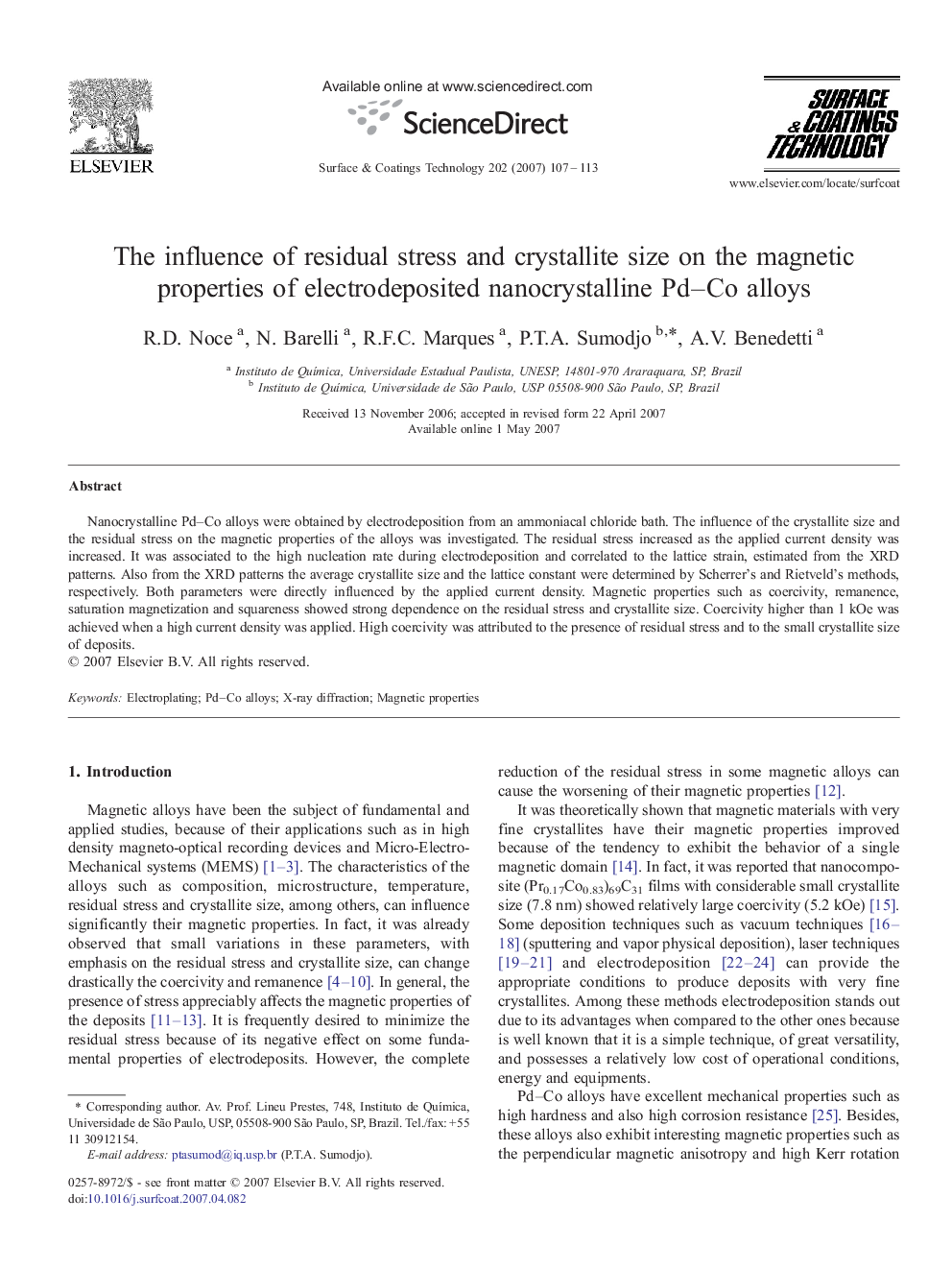 The influence of residual stress and crystallite size on the magnetic properties of electrodeposited nanocrystalline Pd–Co alloys